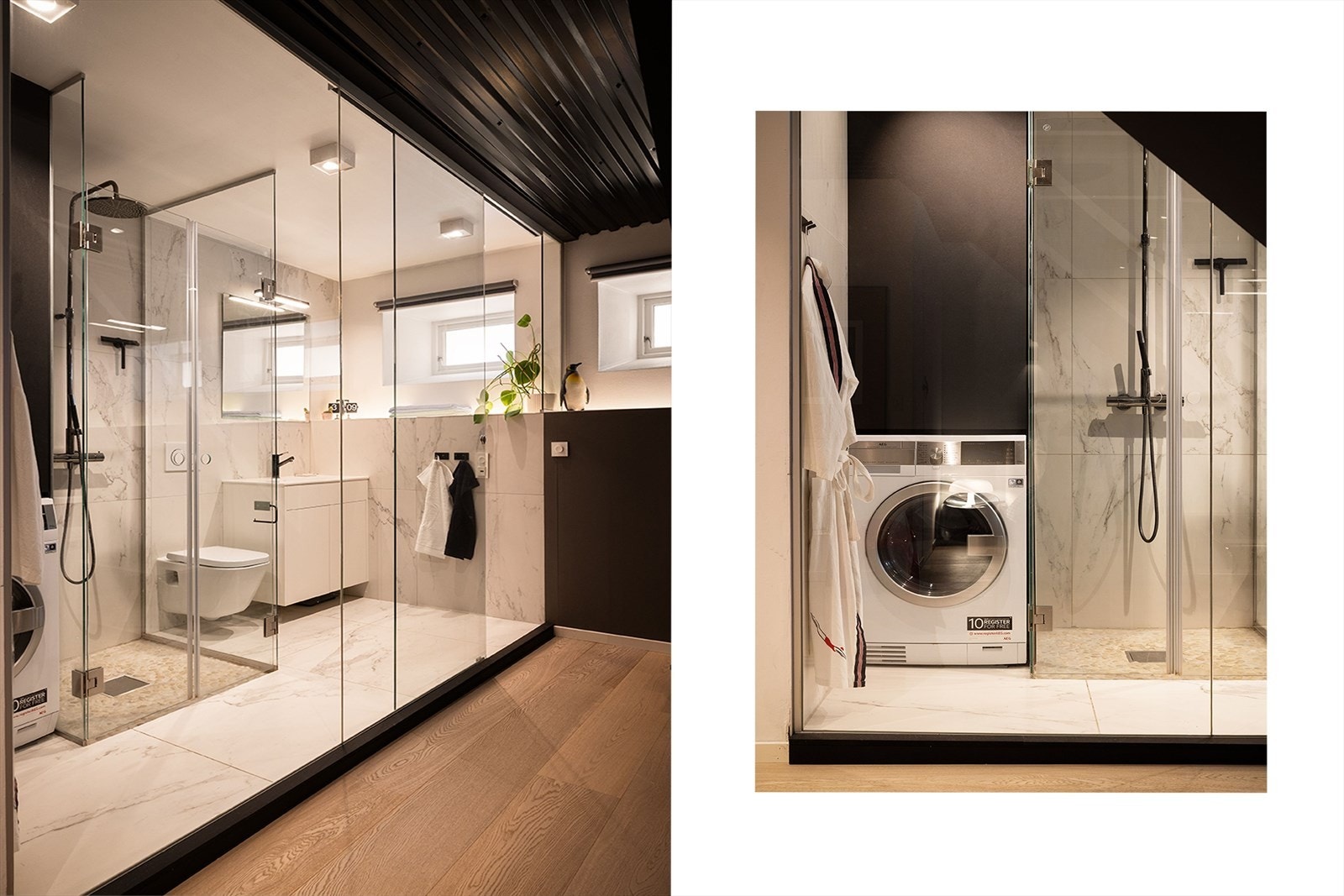 Badet er innredet med dusjhjørne med glassvegger, vegghengt toalett og servant med underskap. Ventilering via vindu. Vaskemaskin med tørkefunksjon medfølger salget. Galleribilde