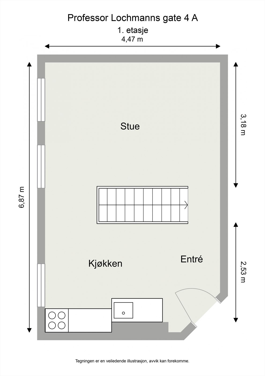 Leiligheten har tilbaketrukket beliggenhet og er svært lys med tre vinduer på rad som slipper inn rikelig med naturlig lys. Galleribilde