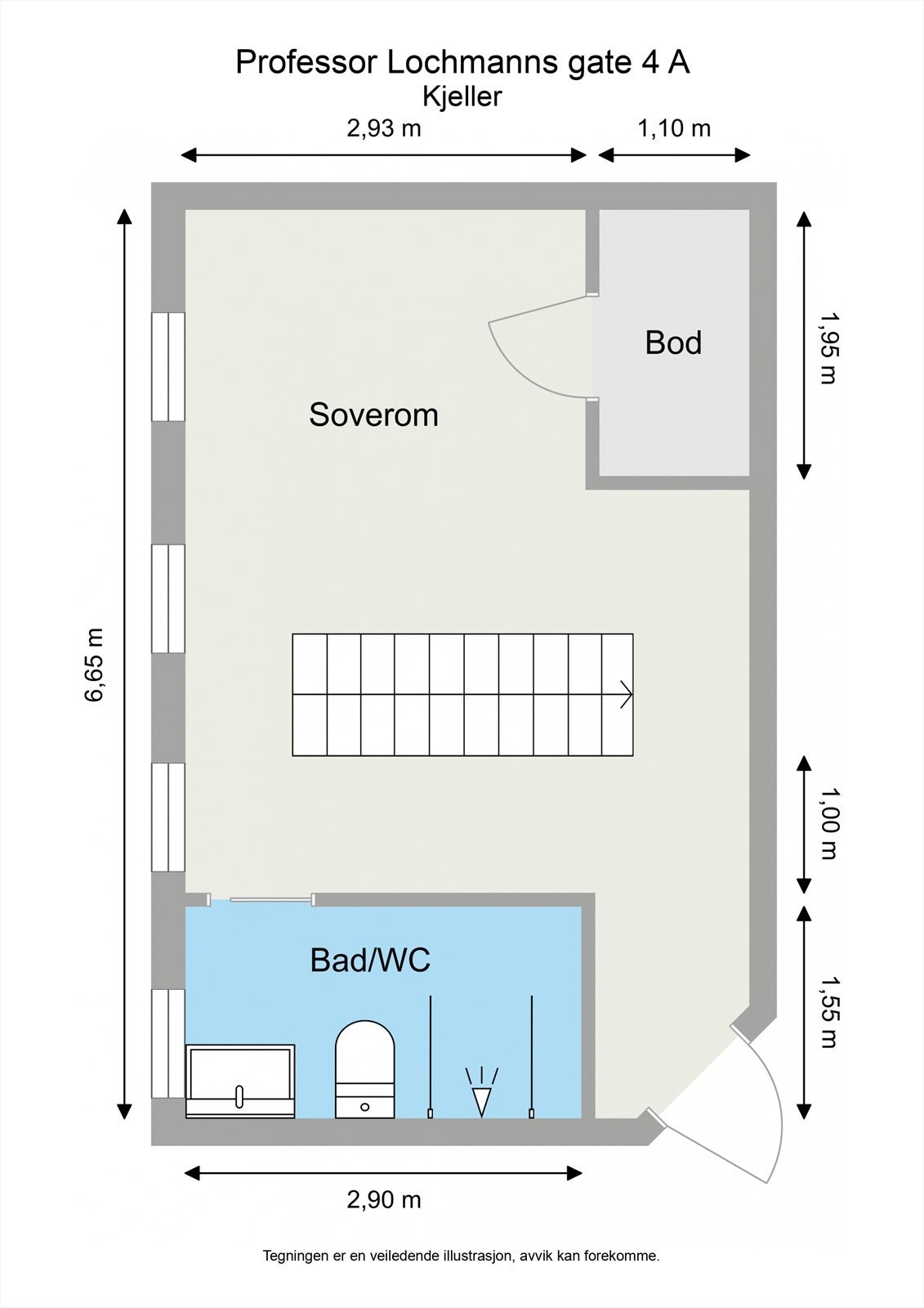 I kjelleren er det et svært romslig soverom, et rålekkert bad og innvendig bod. Også her er det godt med naturlig lysinnslipp fra 4 vinduer på rad! Galleribilde