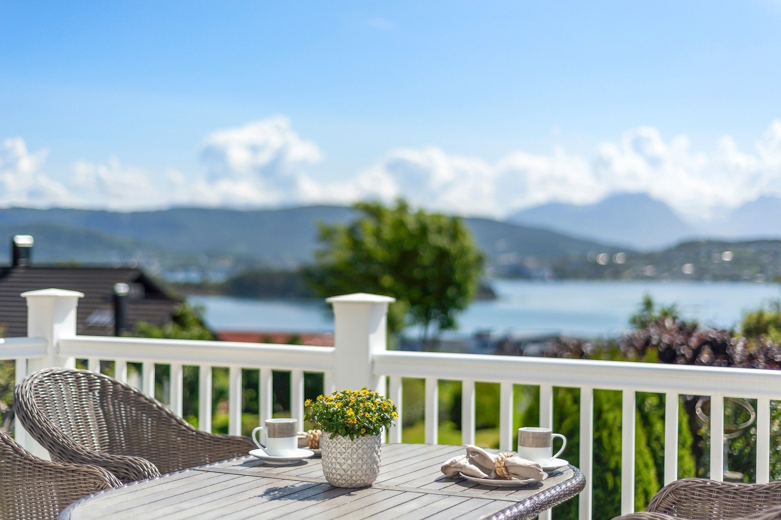 Solskinnsdag i Skogavegen 18, fuglekvitter og lukten av salt sjø, det gode liv på hjemmebane. Galleribilde