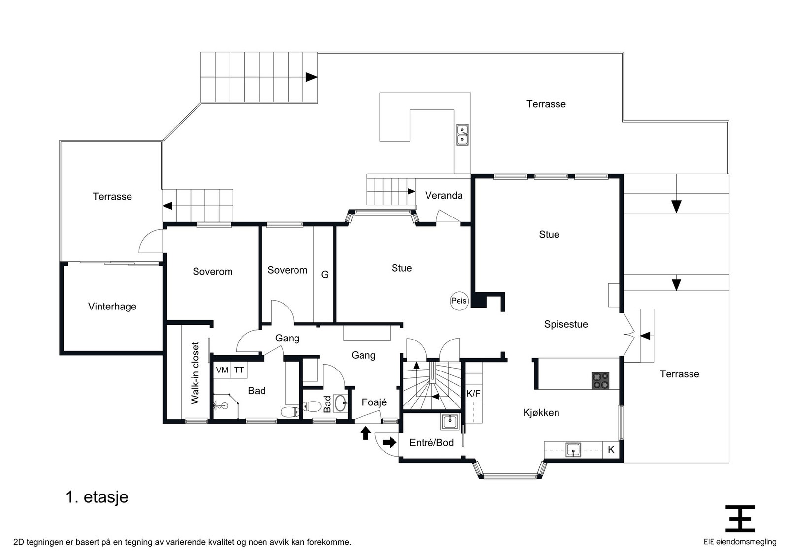 Planskisse hovedetasje med 3 utganger til terrasser, og totalt 5 utganger. Galleribilde