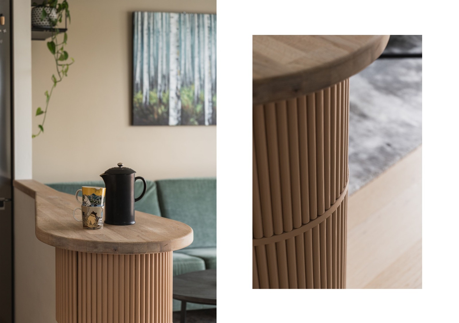 Nåværende eier har etablert en stilig "kjøkkenøy"-løsning med rom for oppbevaring under. Galleribilde