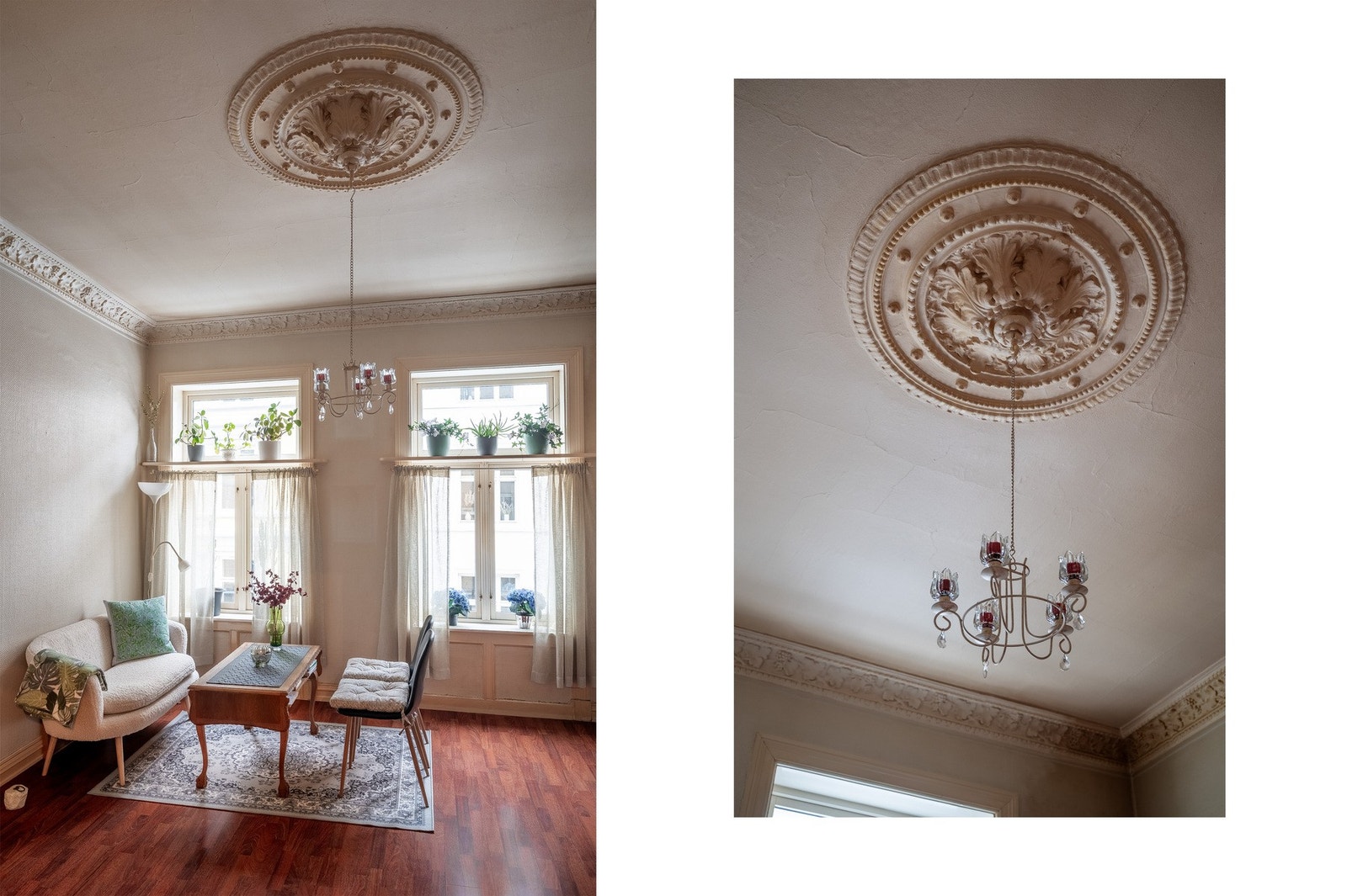 Leiligheten har klassiske detaljer som stukkatur, rosett og over 3 m takhøyde som skaper en luftig atmosfære. Galleribilde