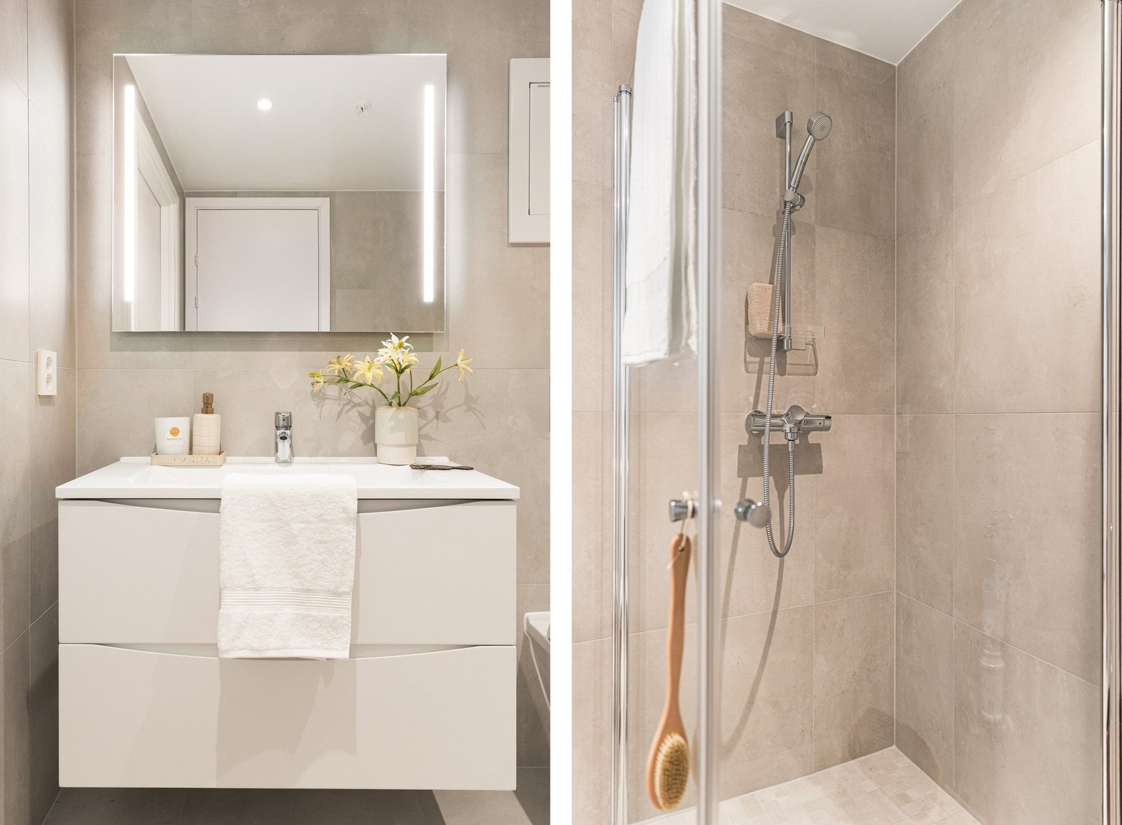 Romslig dusjhjørne og pen innredning. Galleribilde