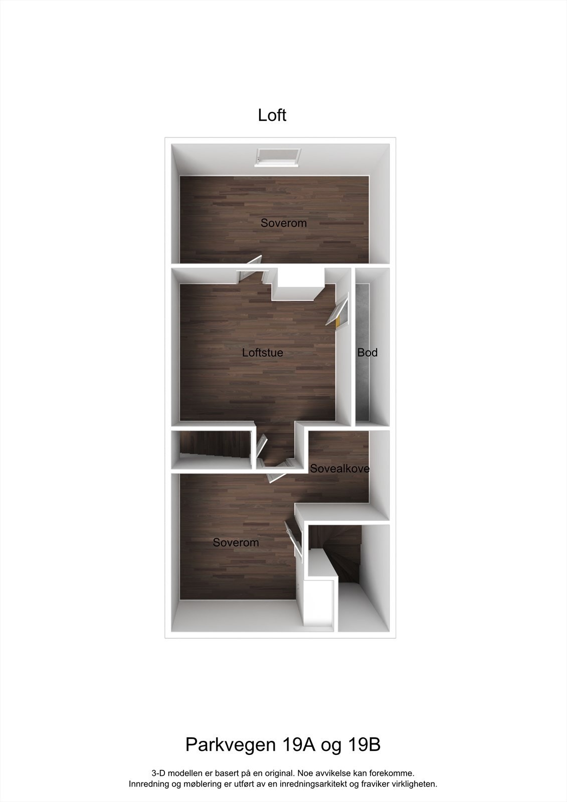 Planskisse loft. Det bemerkes at rombenevnelsen er basert på dagens bruk og gjenspeiler ikke hva som er godkjent iht. tegninger hos kommunen. Galleribilde