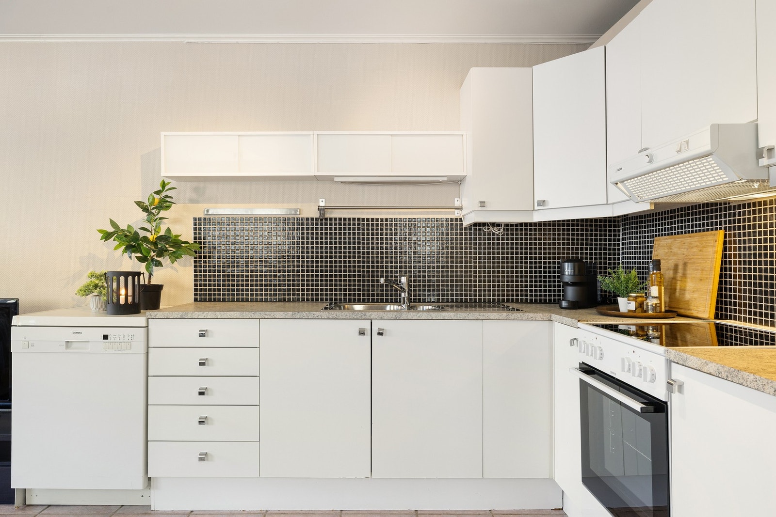 Kjøkkenet inneholder oppvaskmaskin, kombinert kjøle og fryseskap, og stekeovn. Galleribilde