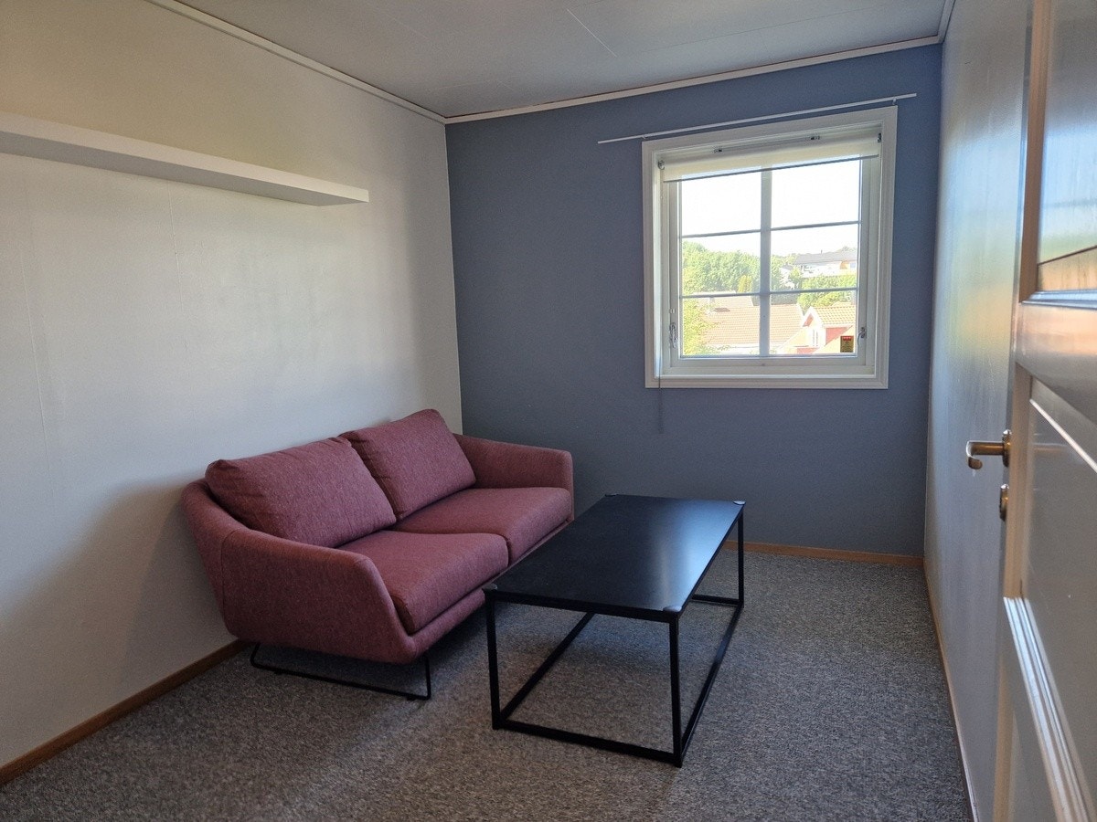 Lys stue med sofa, bord og pult. Galleribilde