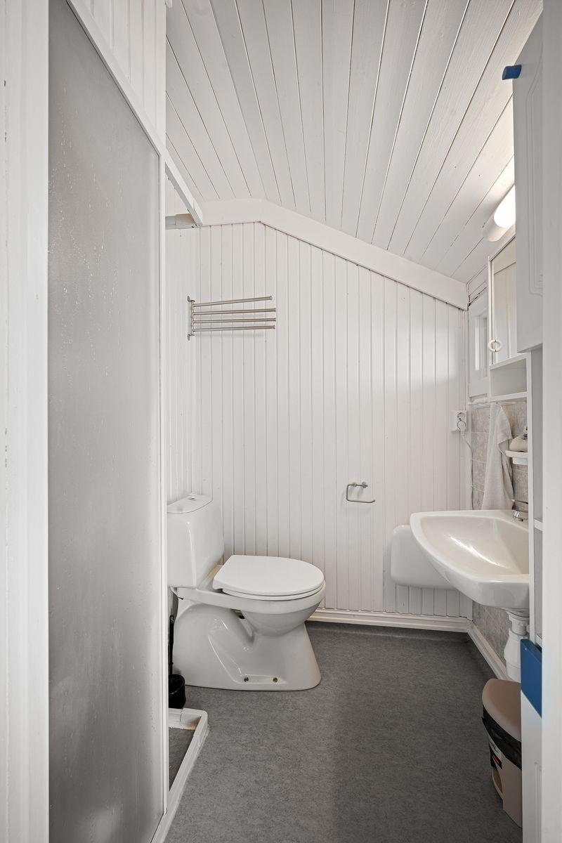 Bad med toalett, servant og dushjørne. Galleribilde