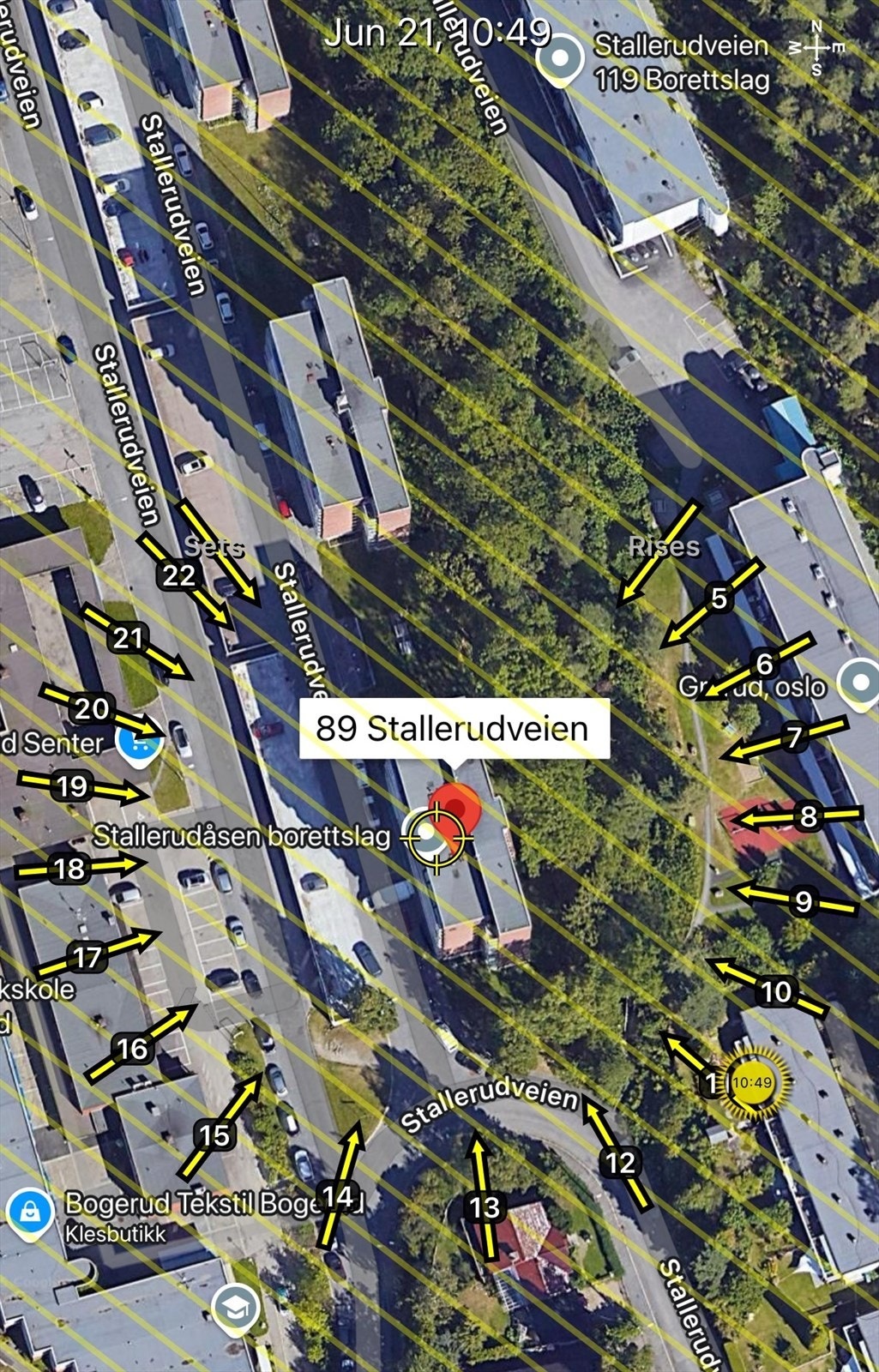 Solkart er kun ment som en illustrasjon over solforholdene midtsommers (21.6). Teknologien som brukes kan slå feil pga. kalibrering e.l. Solforhold må derfor også kontrolleres selv ved hjelp av kompass, kart eller egen app hvis dette er av betydning Galleribilde