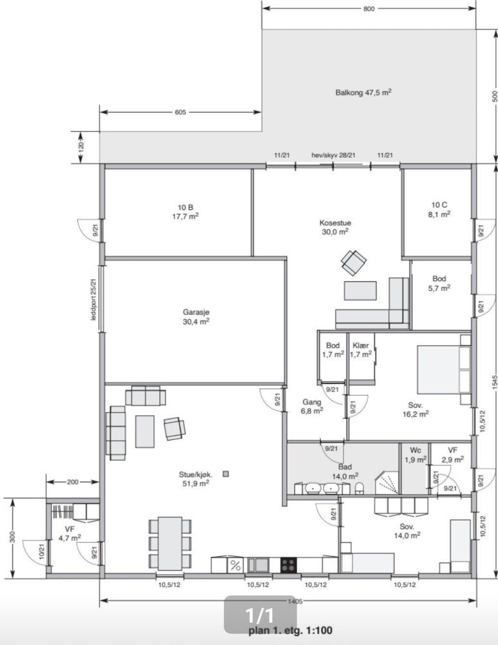 Tegning som ligger til grunn for ferdigattesten (Endringene fra dagens planløsning til plantegningen er ikke utført). Galleribilde