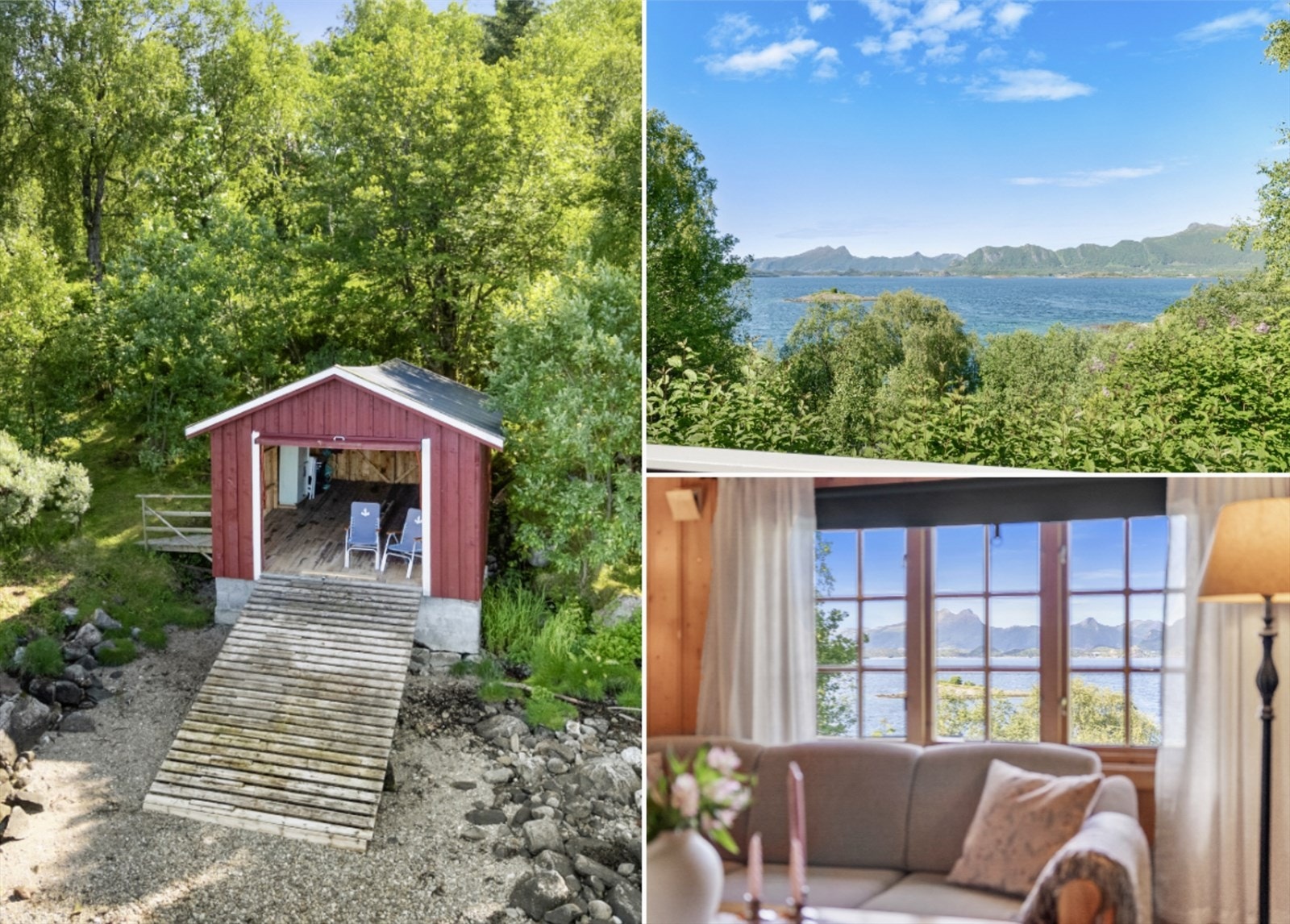 En flott fritidseiendom som byr på romslig naust og fantastisk utsikt i naturskjønne omgivelser. Galleribilde