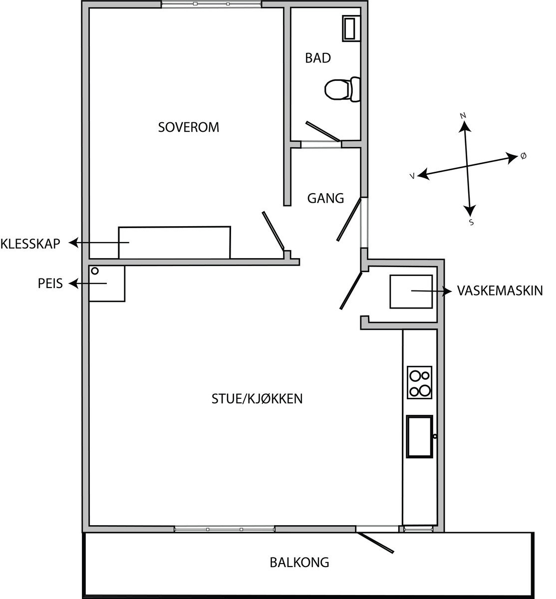 Planløsning. Oppholdsrommet er på rundt 30 kvm og kan innredes på mange forskjellige måter. Galleribilde