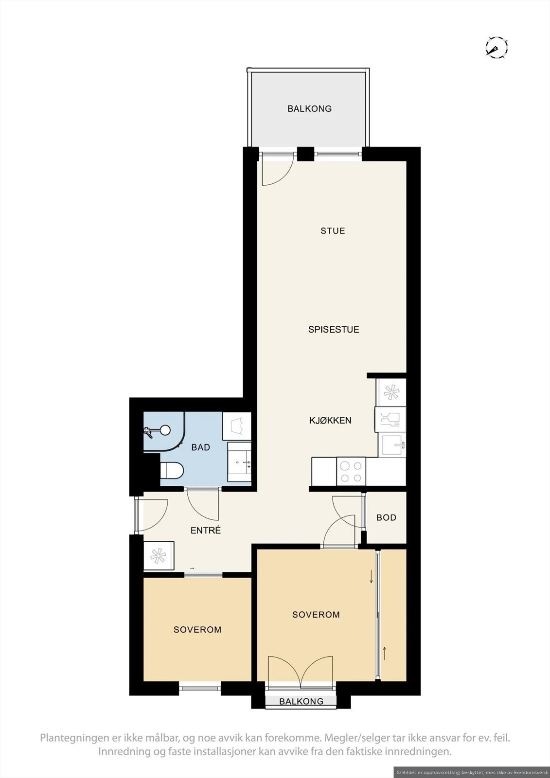 Planløsning - det minste rommet som kalles soverom er ikke et godkjent soverom men disponibelt rom Galleribilde