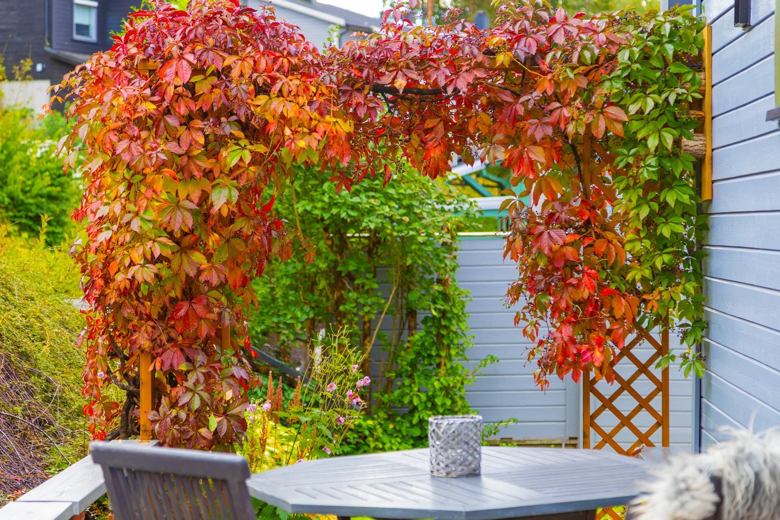 Det er uteplasser med vakker beplantning rundt hele huset. Solen kommer tidlig, morgenkaffen kan nytes ute fra påsketider og til langt ut på høsten. Galleribilde
