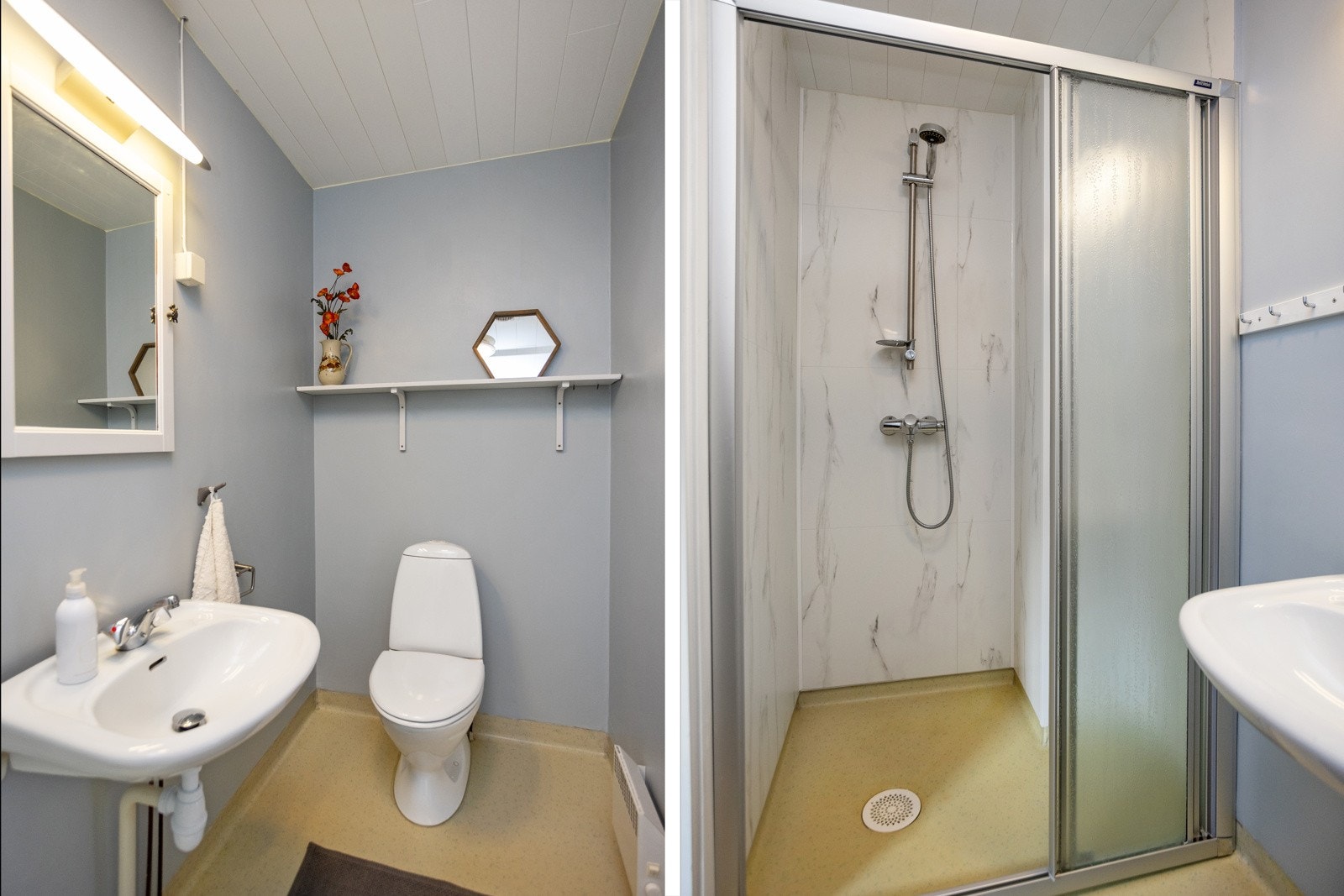 Dusj og toalett i øverste etasje innenfor spisestue. Galleribilde