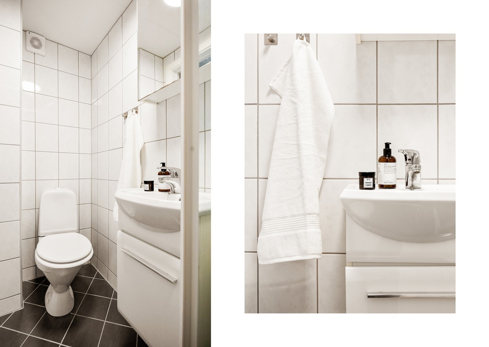 Badet er innredet med et baderomsmøbel med slette fronter, heldekkende servant og ett-greps blandebatteri, speilskap med belysning, gulvstående toalett og dusj med skyvevegger i glass, samt dusjgarnityr med hånddusj. Galleribilde