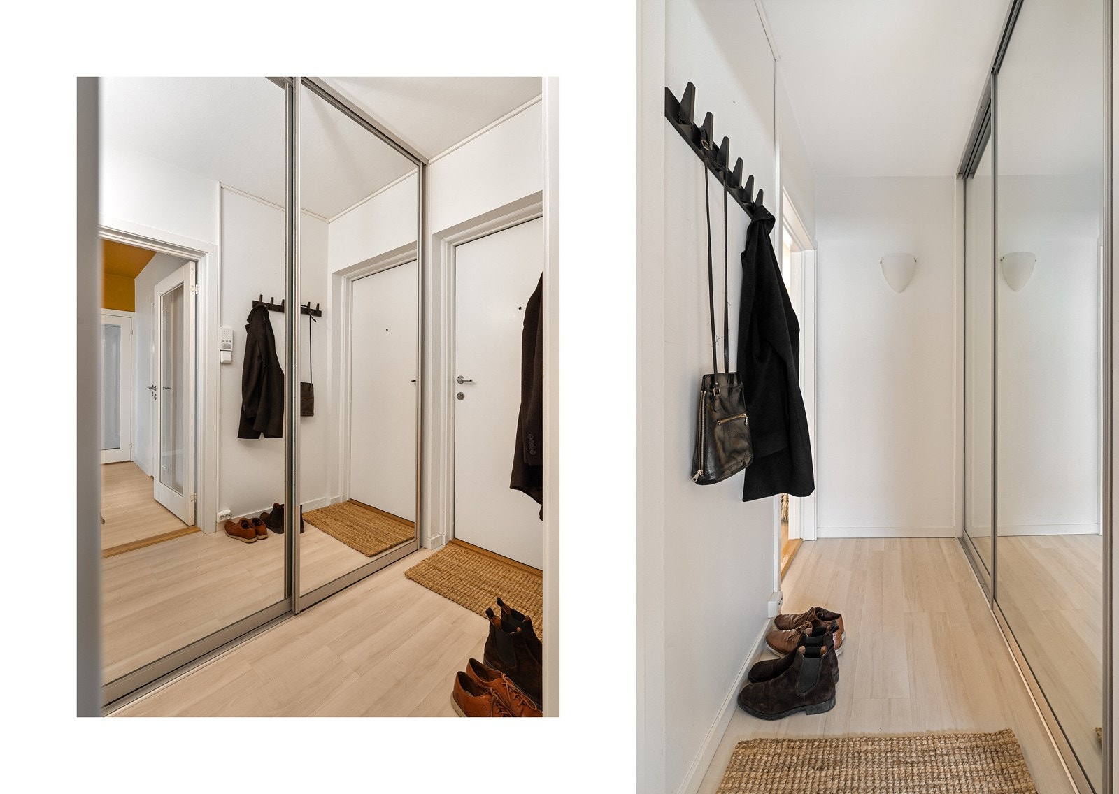 Lys entré, innredet med knaggrekke og stor skyvedørsgarderobe med speilfronter, noe som gir god plass til ytterbekledningen. Galleribilde