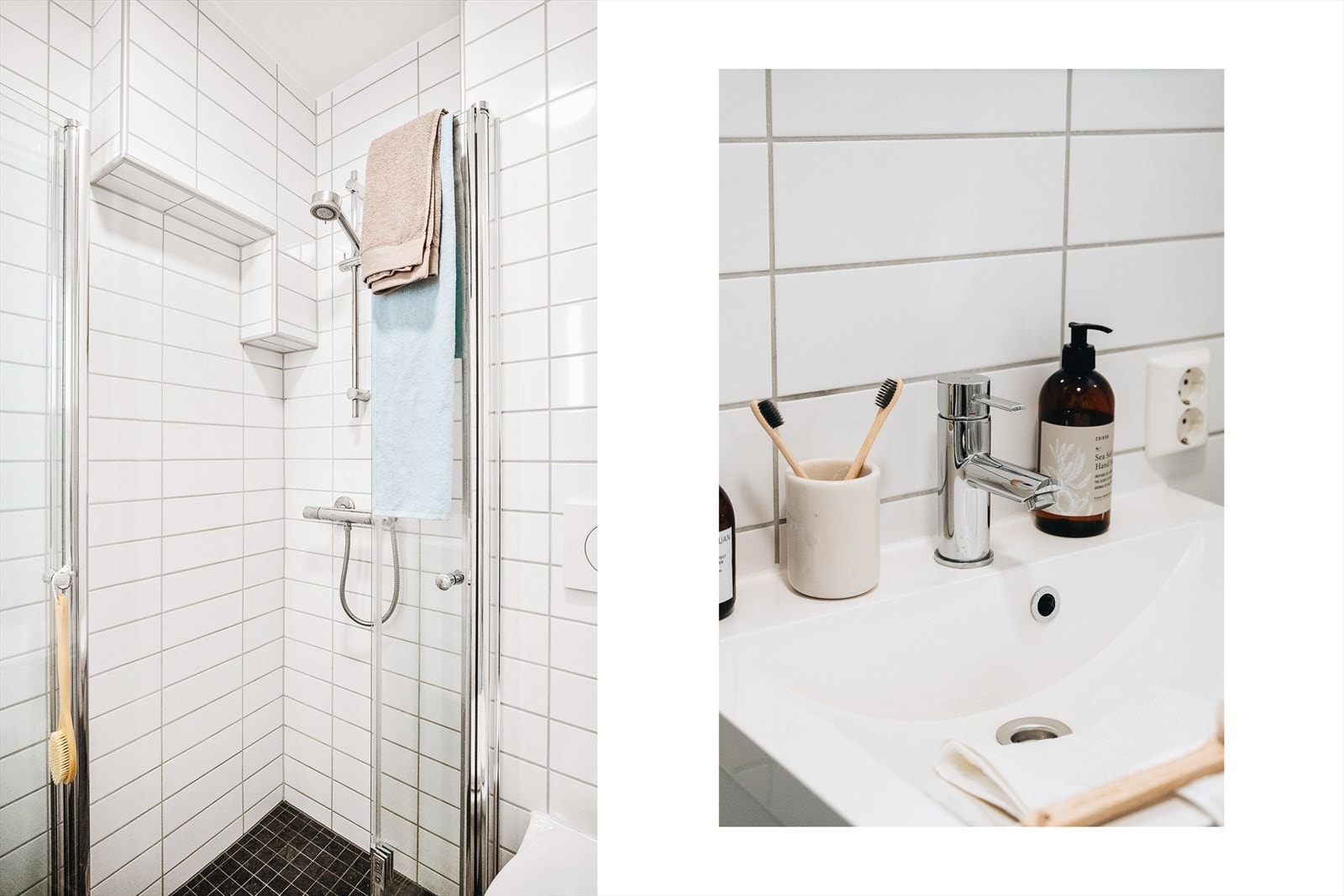 Rommet har flislagte vegger og gulv, malt tak samt elektriske varmekabler som gir god komfort. Galleribilde