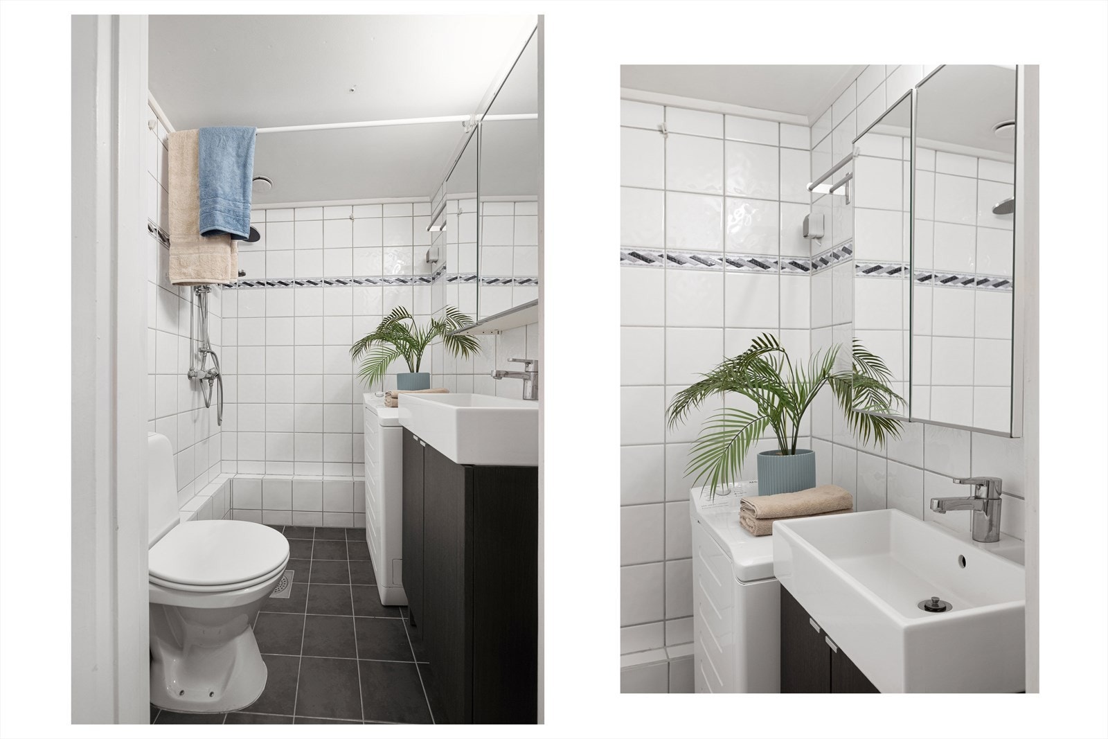 Pent, tidløst bad med flislagte overflater, elektriske varmekabler og opplegg for vaskemaskin. Galleribilde