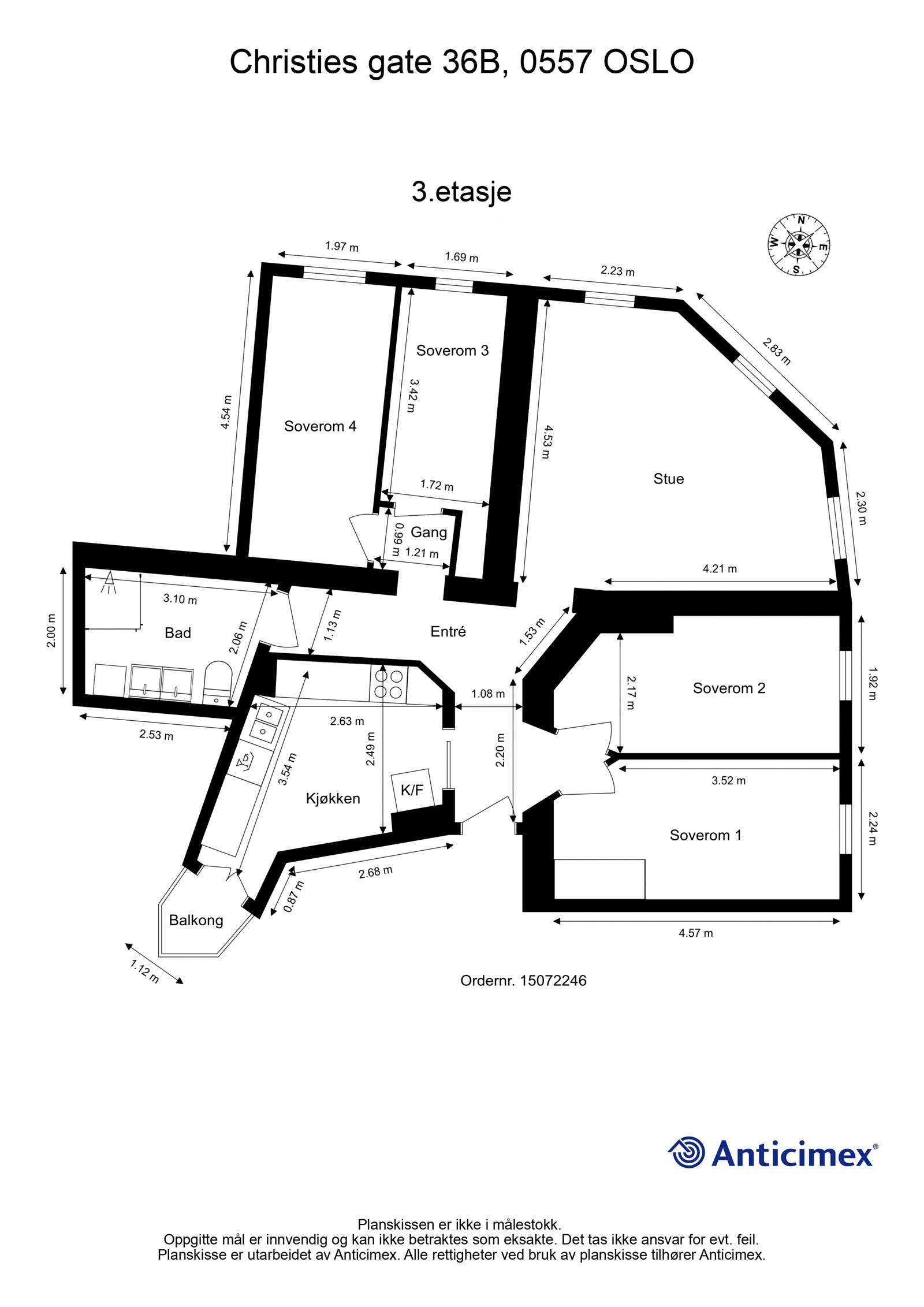 Plantegning 3. etasje. I tillegg disponerer leiligheten deler av en felles bod i trappeoppgang, samt en kjellerbod på ca. 3m² og en loftsbod med gulvareal på ca. 10m². Galleribilde