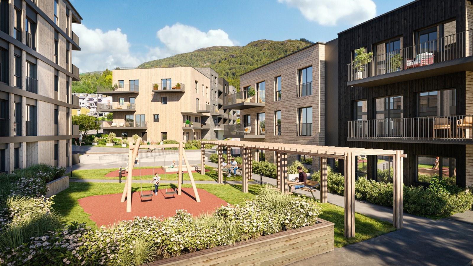 Alle de flotte boligene blir levert med privat balkong eller markterrasse, forøvrig 2 felles takterrasser hvor du kan nyte sol og utsikt hele dagen - Galleribilde