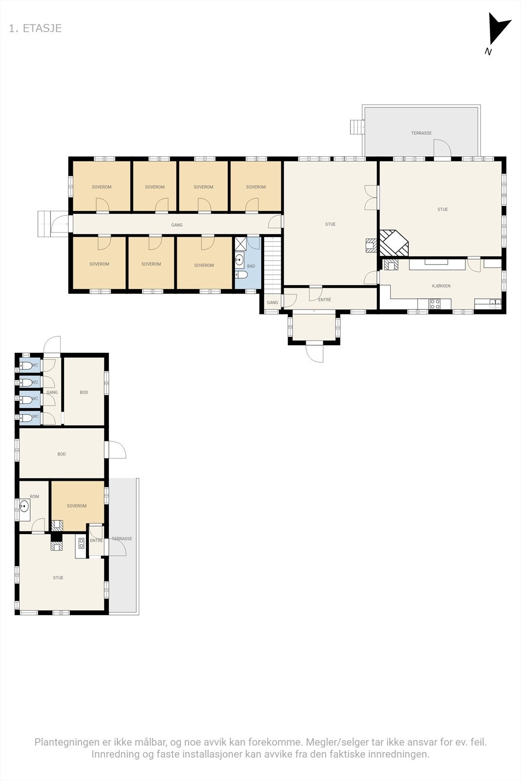 Plantegning fra 1. etasje hovedhuset og fra annekset Galleribilde