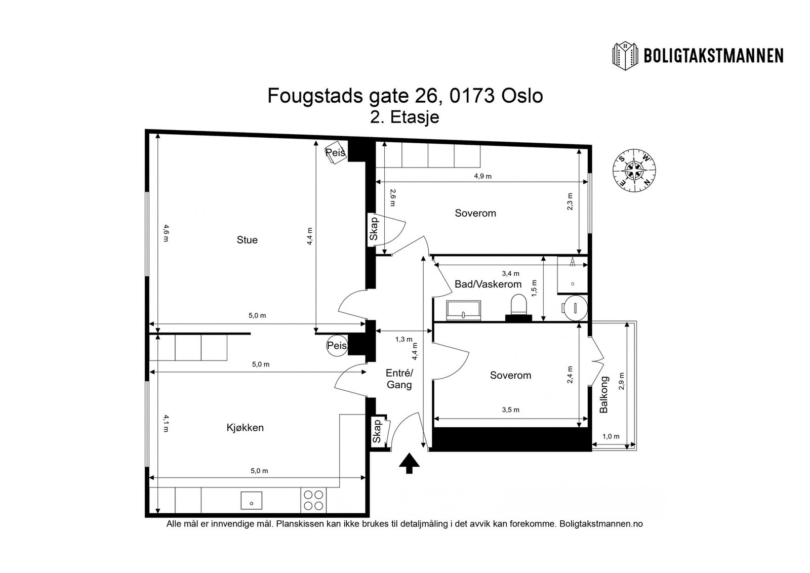 Plantegning. Leiligheten disponerer en loftsbod og to kjellerboder. Galleribilde