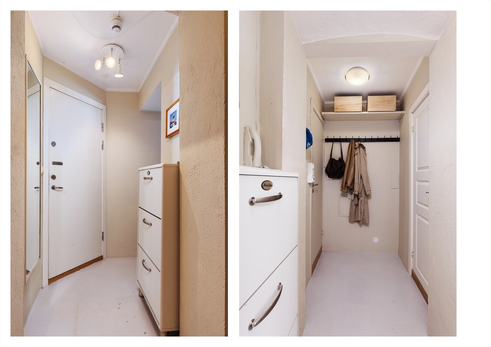 Velkommen inn! I gangen er det plass til knagger og skohylle for oppbevaring av yttertøy. Galleribilde