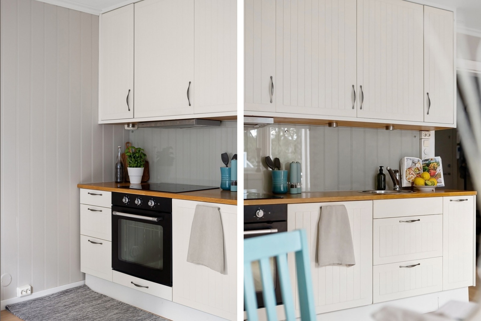 Kjøkkenet har enkelt design med heltre benkeplate og belysning under overskap. Galleribilde