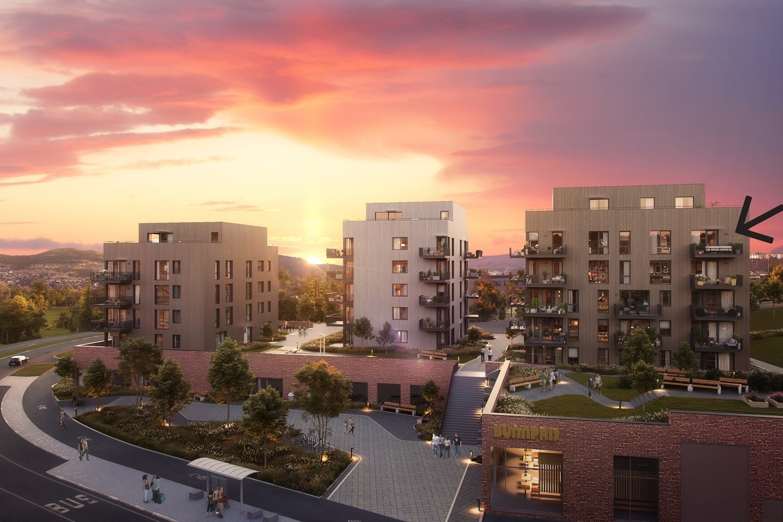 Steinan Park har en vestvendt og solrik beliggenhet. Mange av leilighetene får særdeles gode sol- og utsiktsforhold. Galleribilde