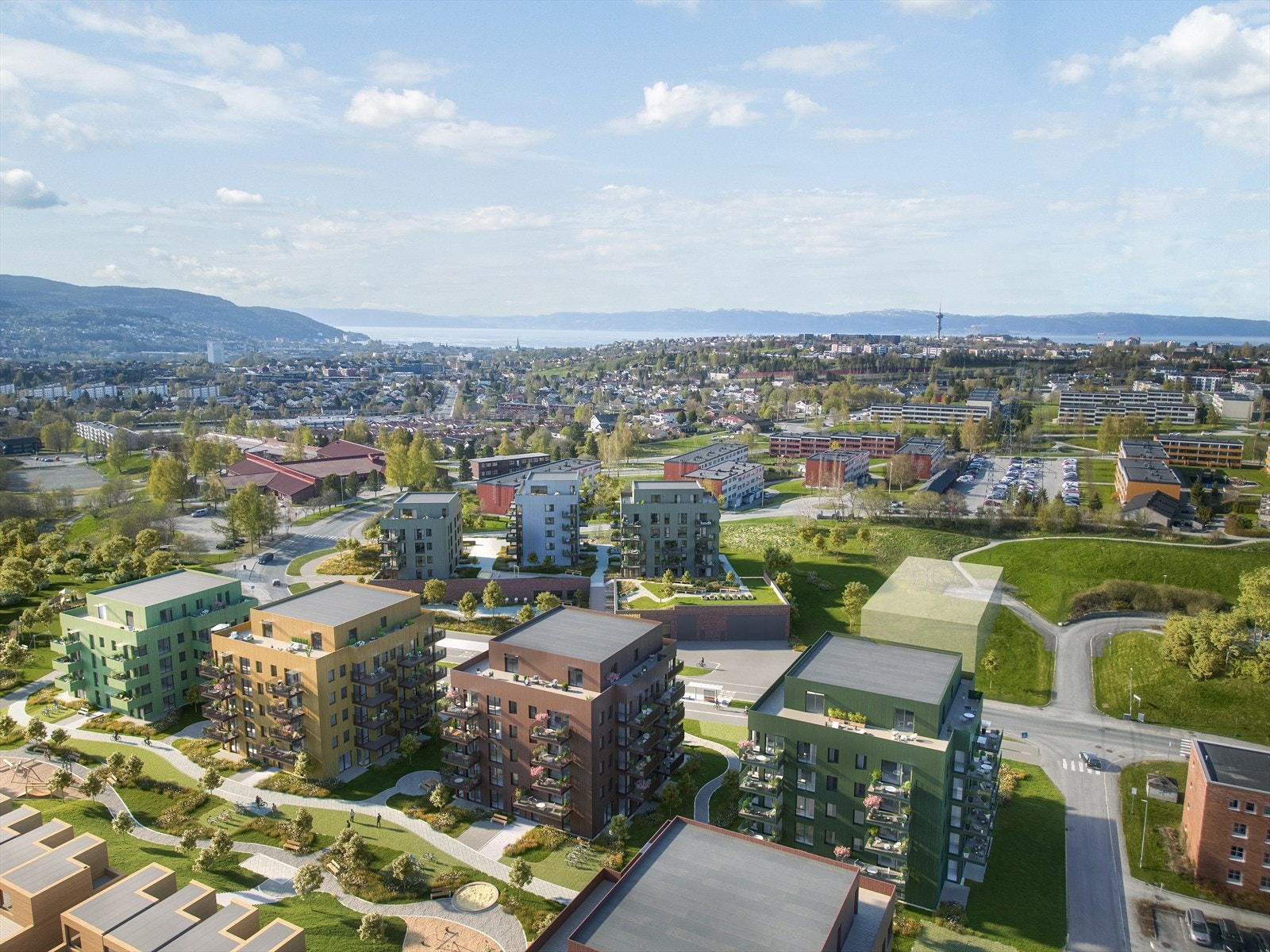 Oversikt over de to første feltene i prosjektet, bestående av til sammen 7 bygg. Galleribilde