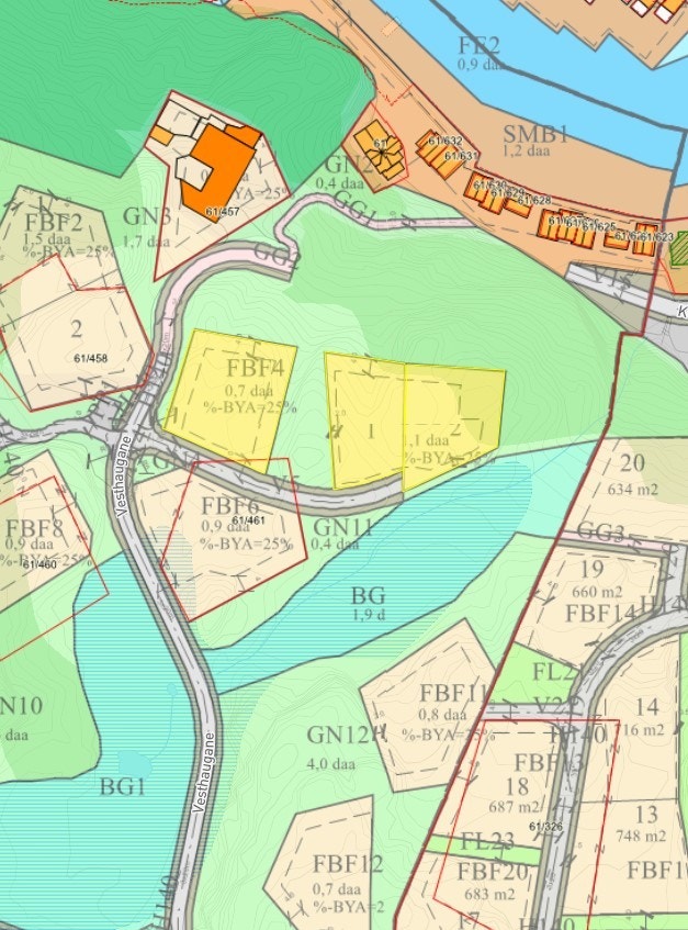 3 stk planlagte tomter markert med gult Galleribilde