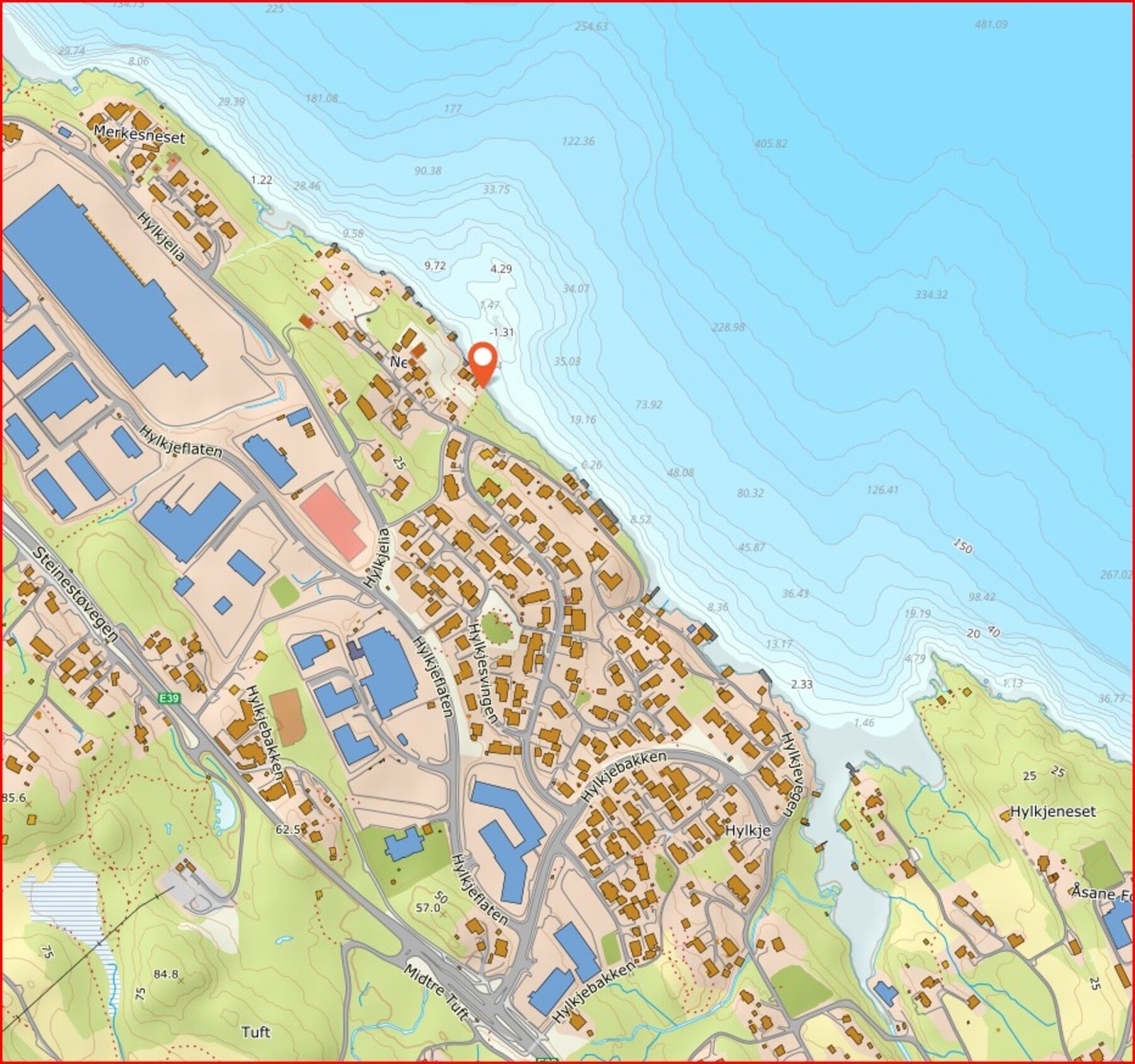 Rød markør viser tomtenes beliggenhet Galleribilde