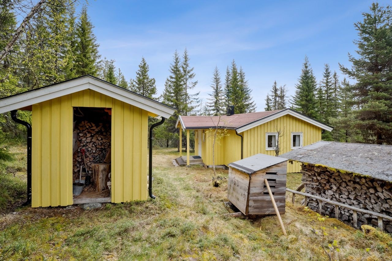 Uthuset inneholder et vedskjul og en utedo Galleribilde