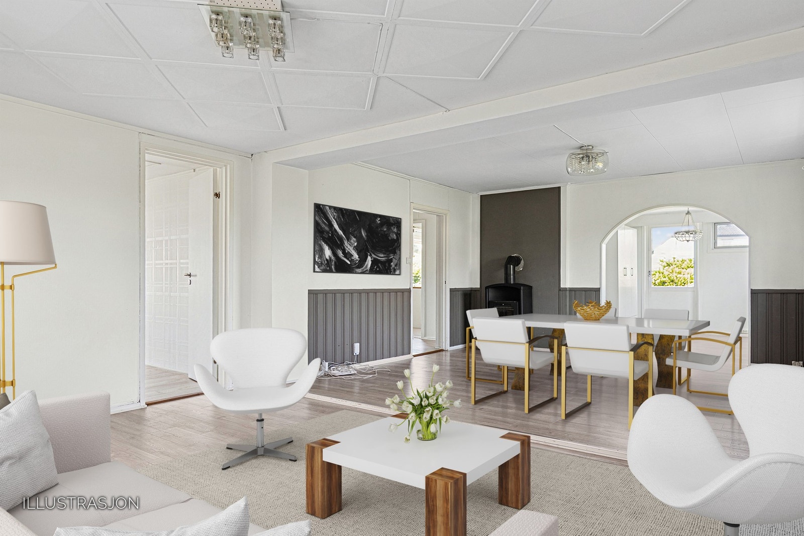 Boligen går over tre plan og inneholder bl.a. tre stueavdelinger, kjøkken, bad og soverom i hovedetasjen. Galleribilde