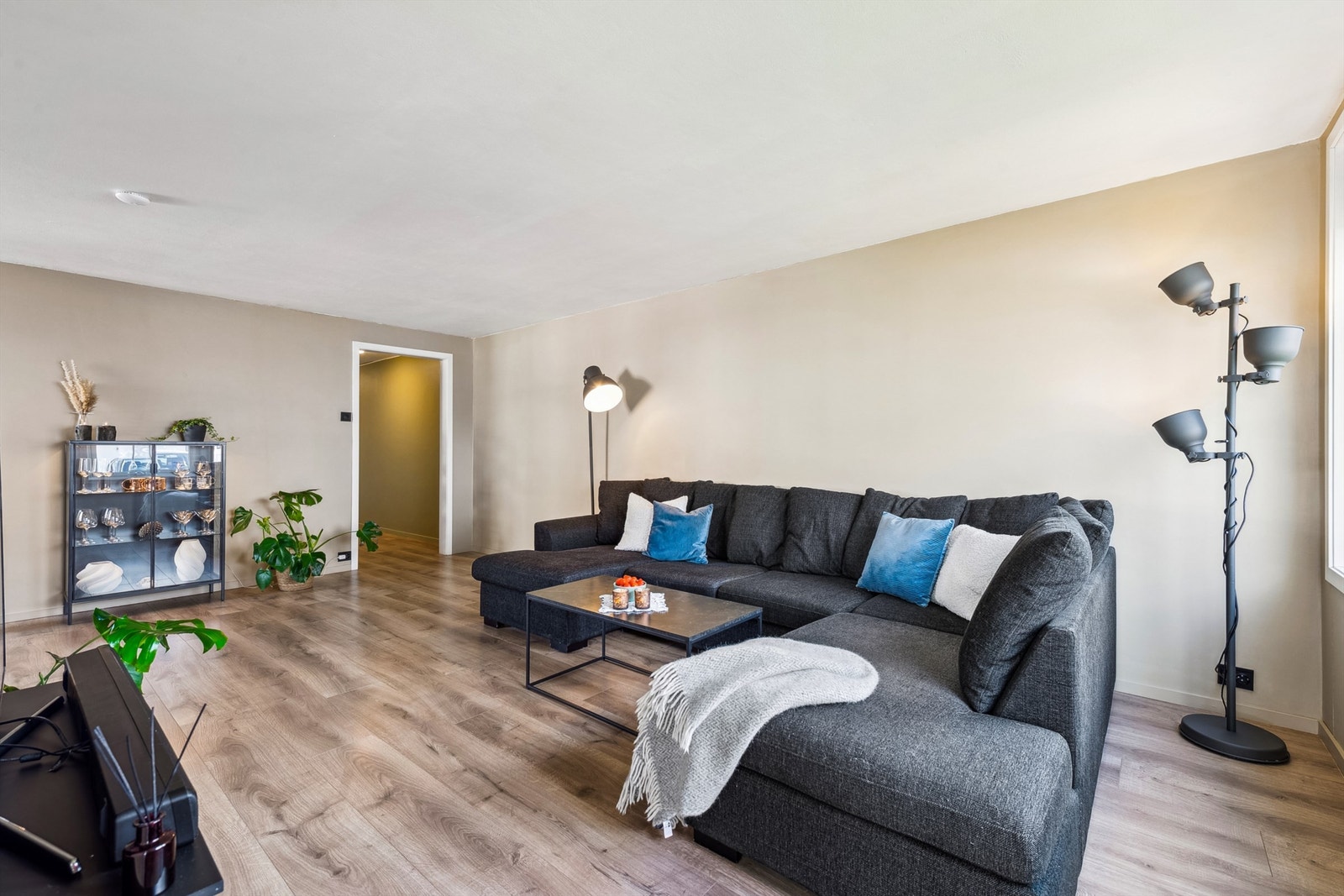 Lys og romslig stue med fin plass for både sofagruppe og spisegruppe. Galleribilde