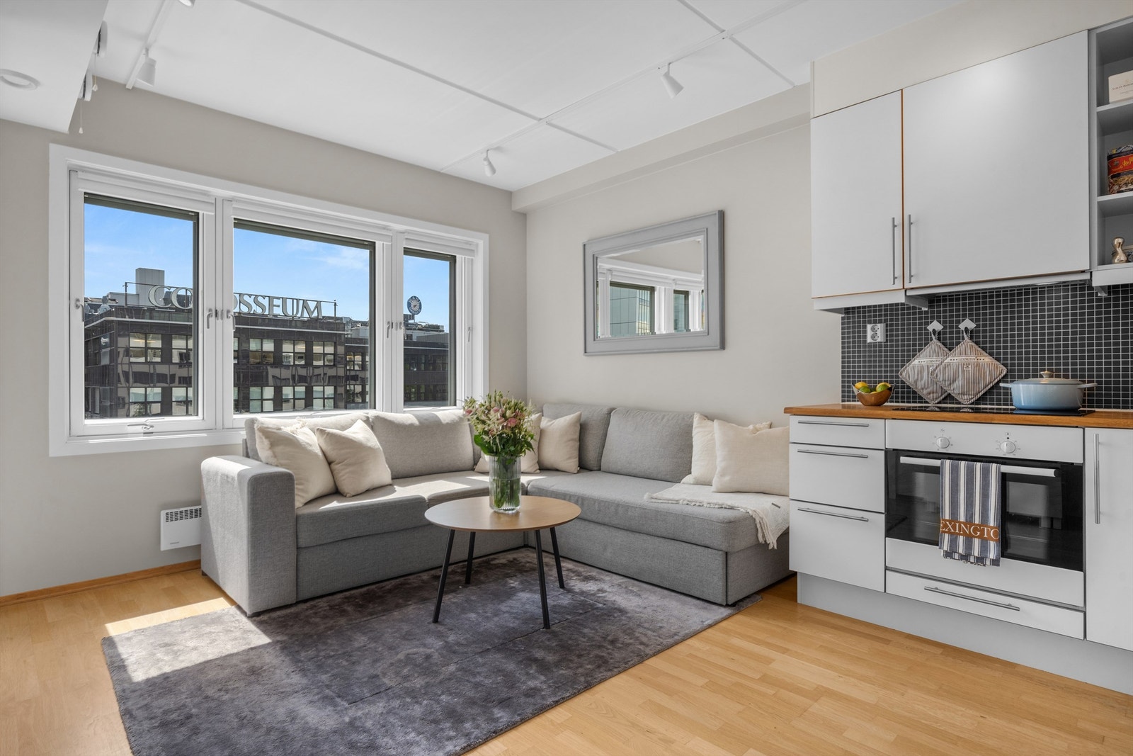 Store vindusflater som gir godt med naturlig lys inn i rommet. Galleribilde