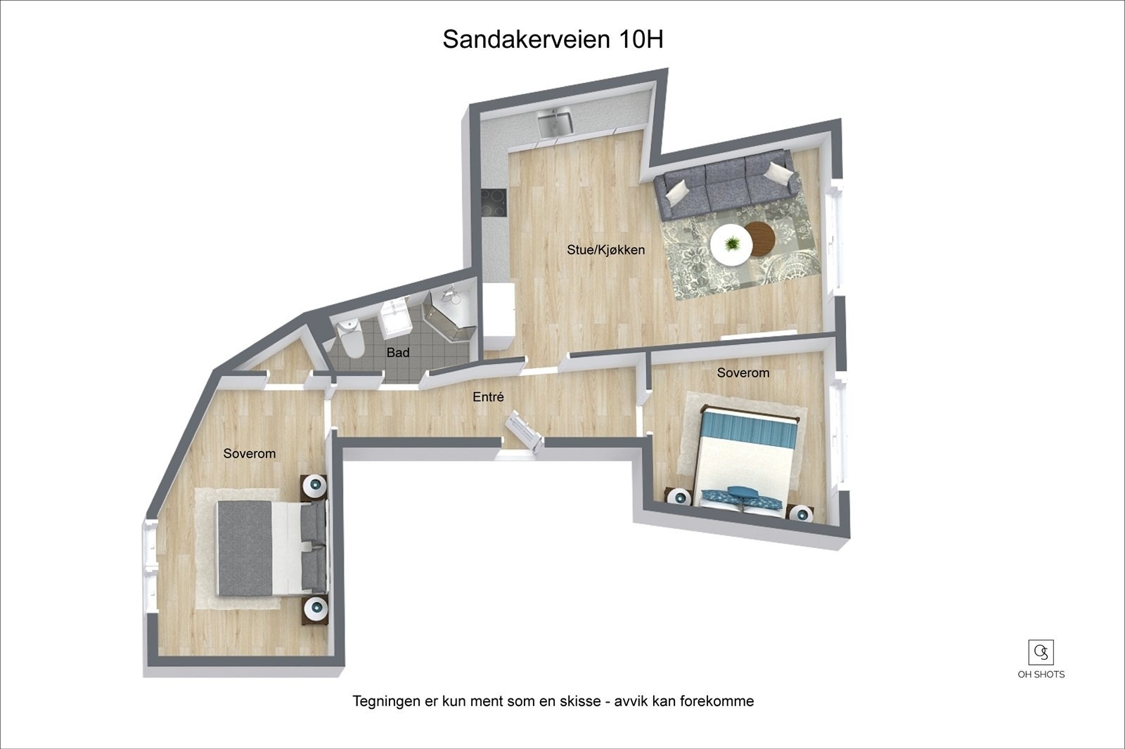 Plantegning (illustrasjon) dersom kjøkkenet flyttes inn der spisestue er for å skape en 3-roms Galleribilde