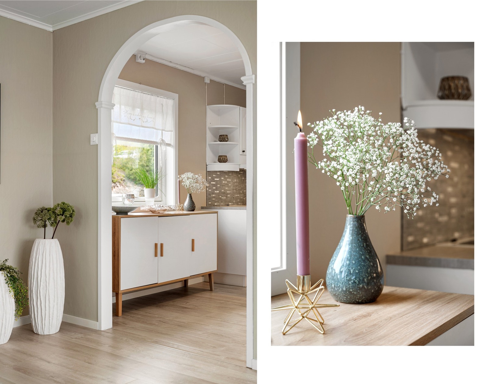 Buet inngang til kjøkkenet gir et mykt og elegant uttrykk Galleribilde