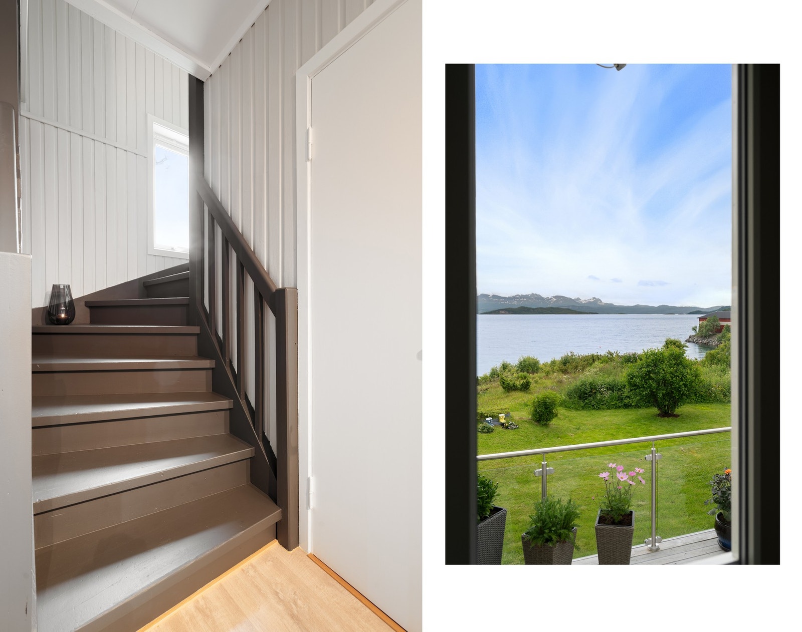 Overflateoppusset trapp i en mørkere fargetone skaper en fin kontrast til de lyse overflatene Galleribilde