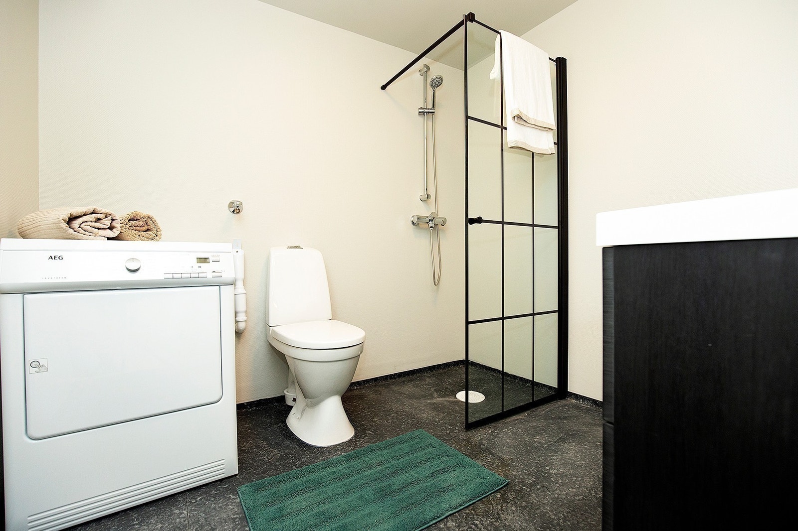 Bad med dusj og toalett.
Vaskemaskin og tørketrommel. (vaskemaskin levert etter bildet ble tatt) Galleribilde