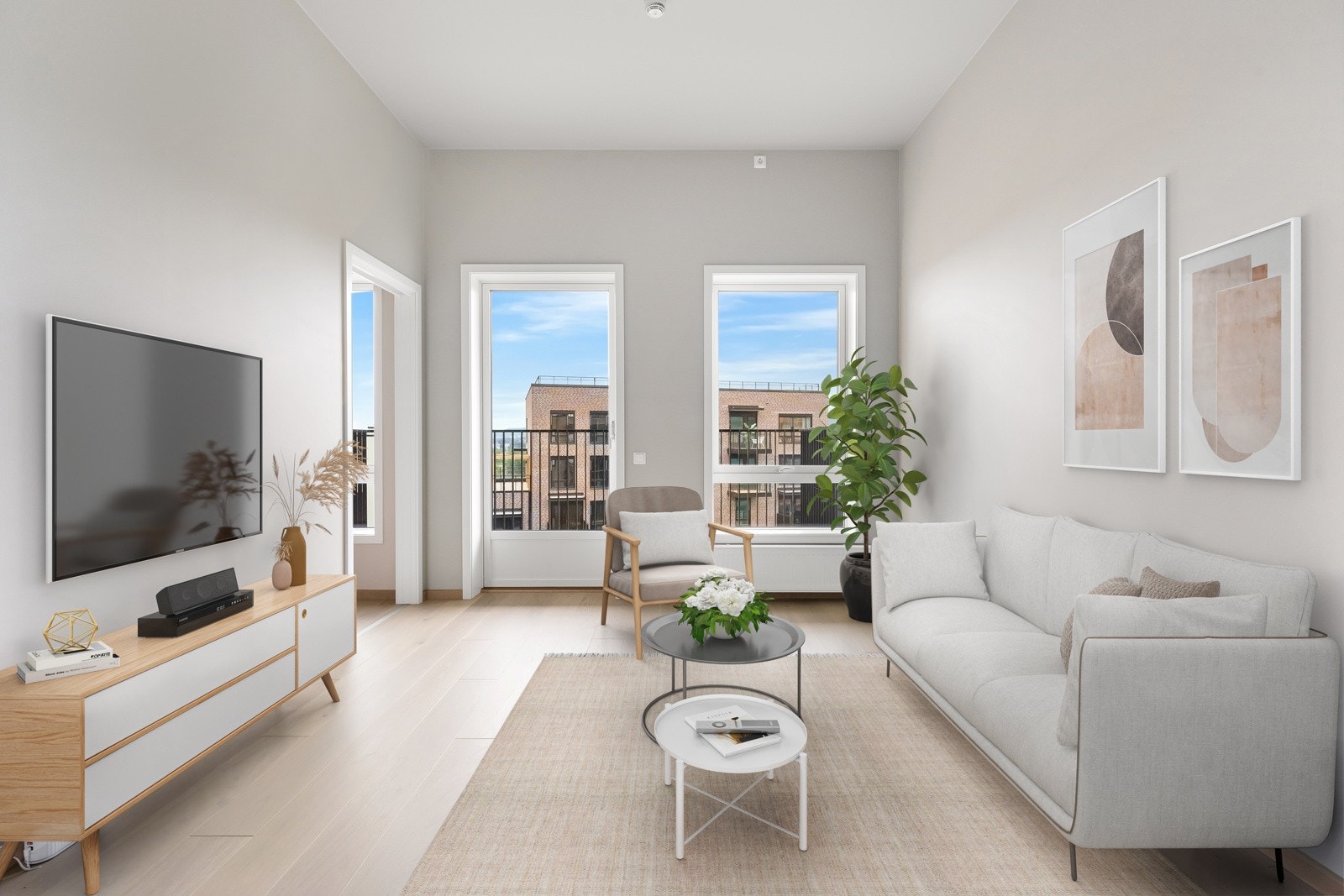 Stue - Dette er salg av kontrakt og bildet er fra en annen ferdigstilt leilighet i bygget for å vise materialvalg Galleribilde