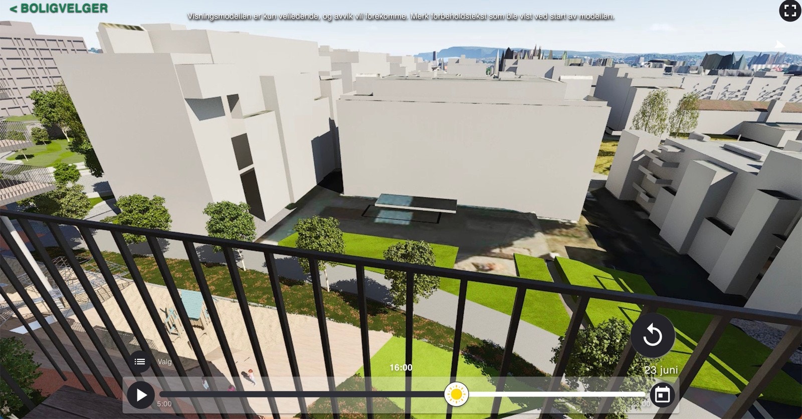 Bildet er lånt fra utbygger solmodell og viser utsikten og solforholdene for den aktuelle leiligheten Galleribilde