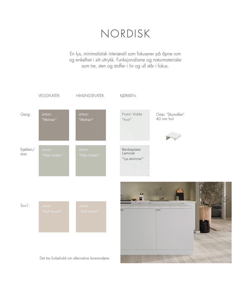 Bildet viser stilvalget som er gjort i leiligheten. Valget heter "Nordisk" og på bilde ser man fargekoder og materialvalg Galleribilde