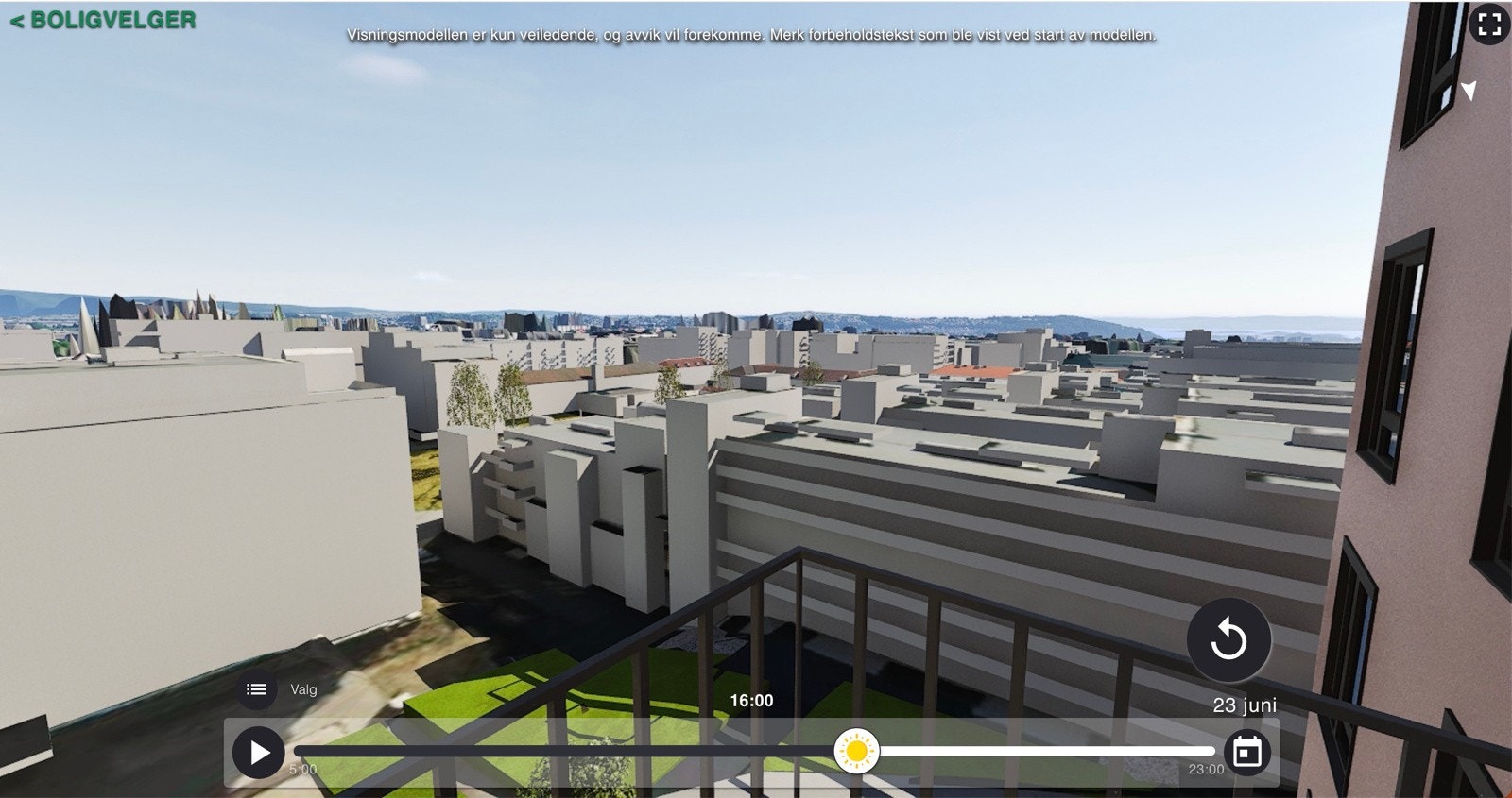 Bildet er lånt fra utbygger solmodell og viser utsikten og solforholdene for den aktuelle leiligheten Galleribilde