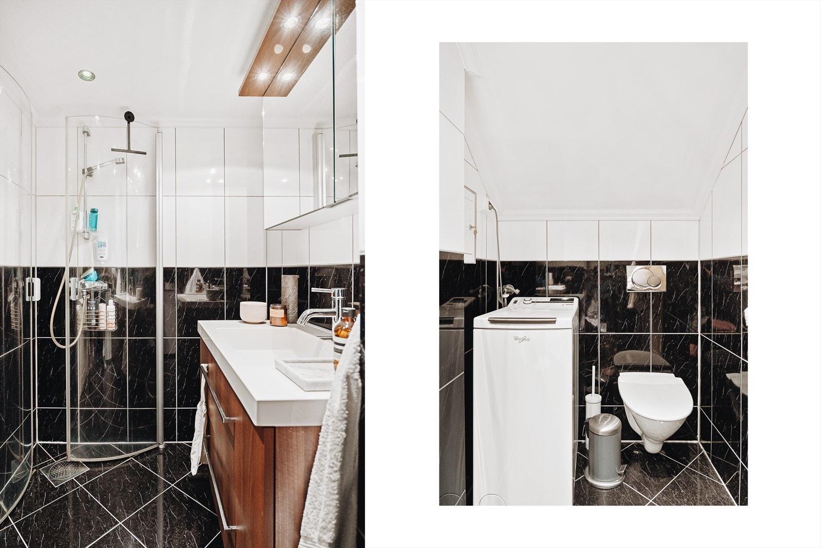 Badet i 4. etasje er helfliset og romslig med dusjdører i glass, vegghengt toalett og servant med slette fronter. Eget opplegg for vaskemaskin. Galleribilde