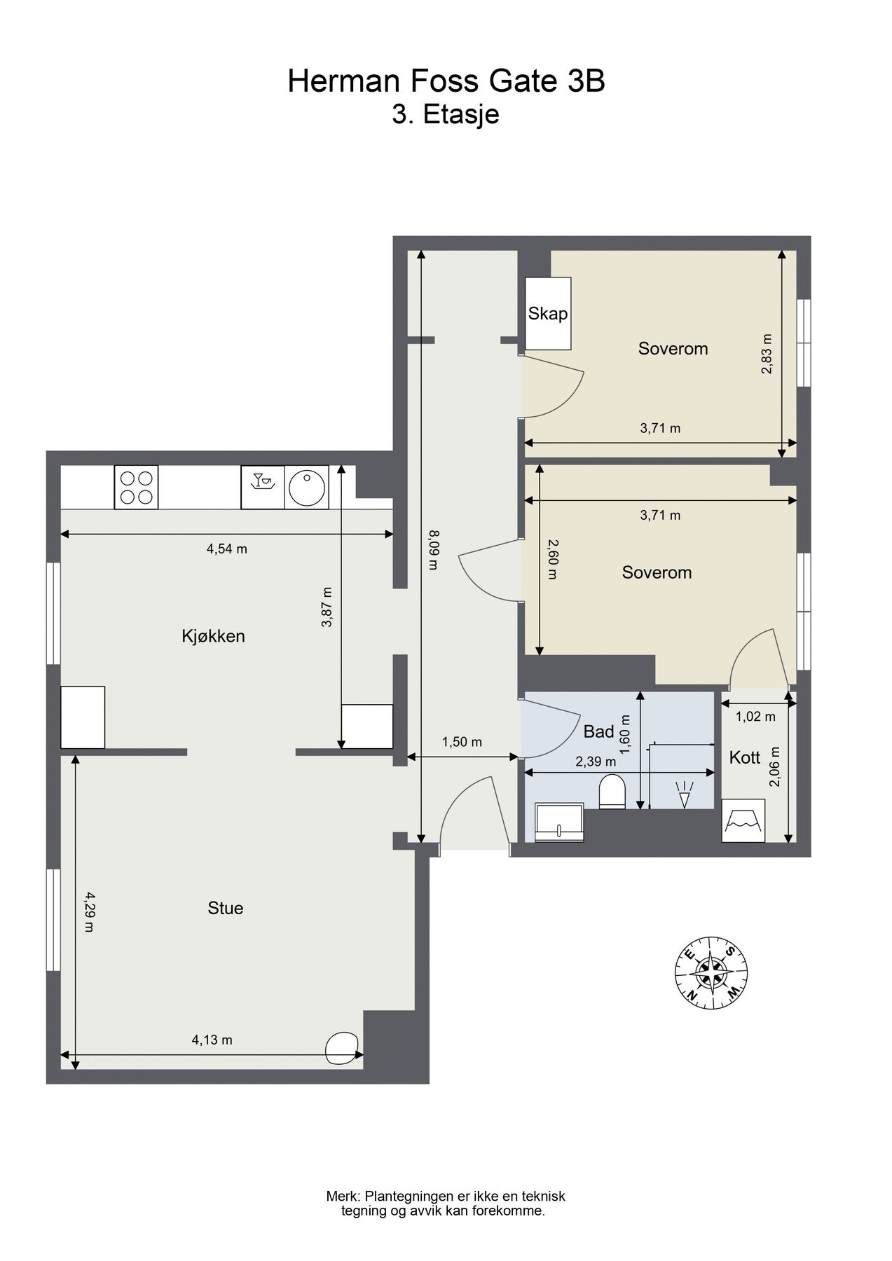 Plantegning. Leiligheten disponerer en loftsbod og to kjellerboder. Galleribilde