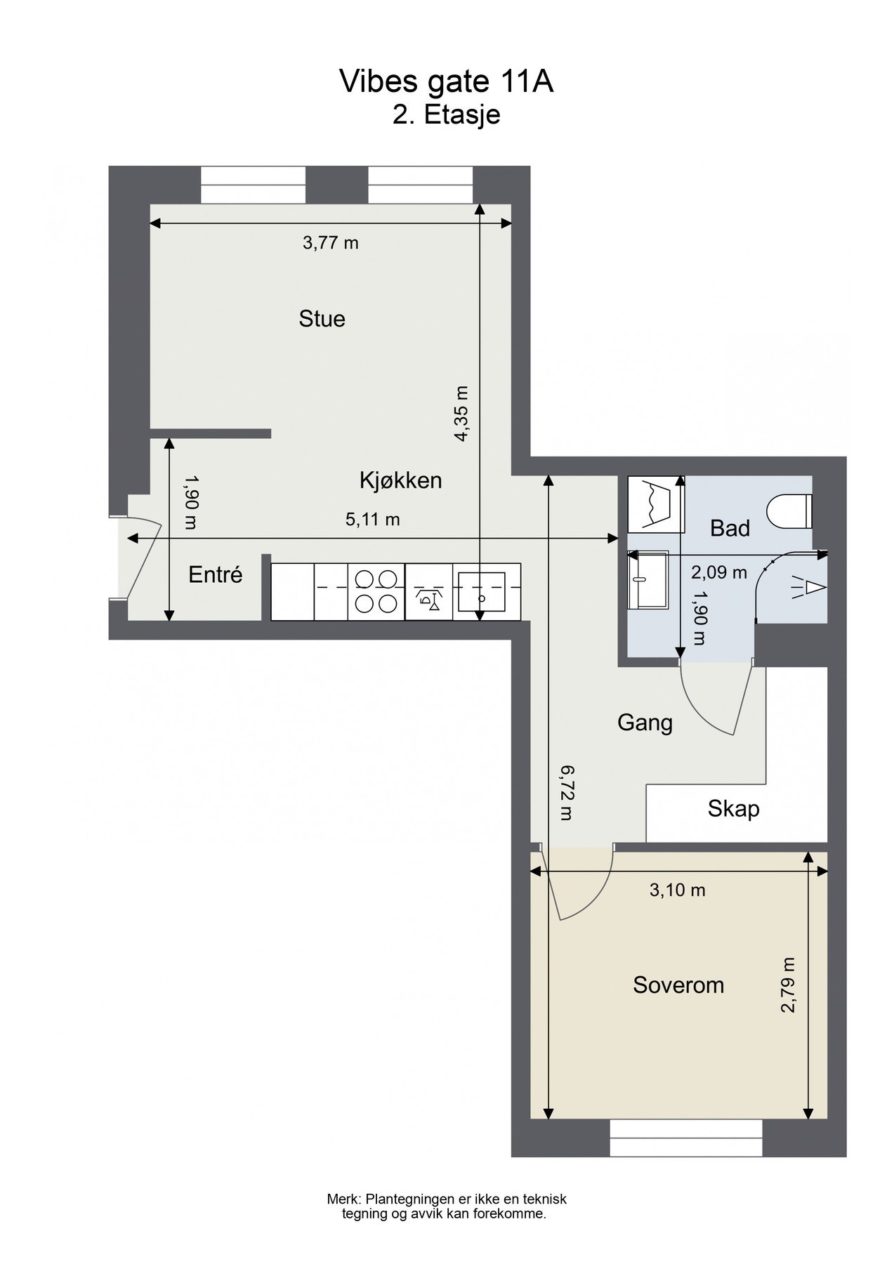 Plantegning. Skissen er ment som illustrasjon og avvik kan forekomme. Leiligheten disponerer en bod i kjeller på 9 kvm. Galleribilde