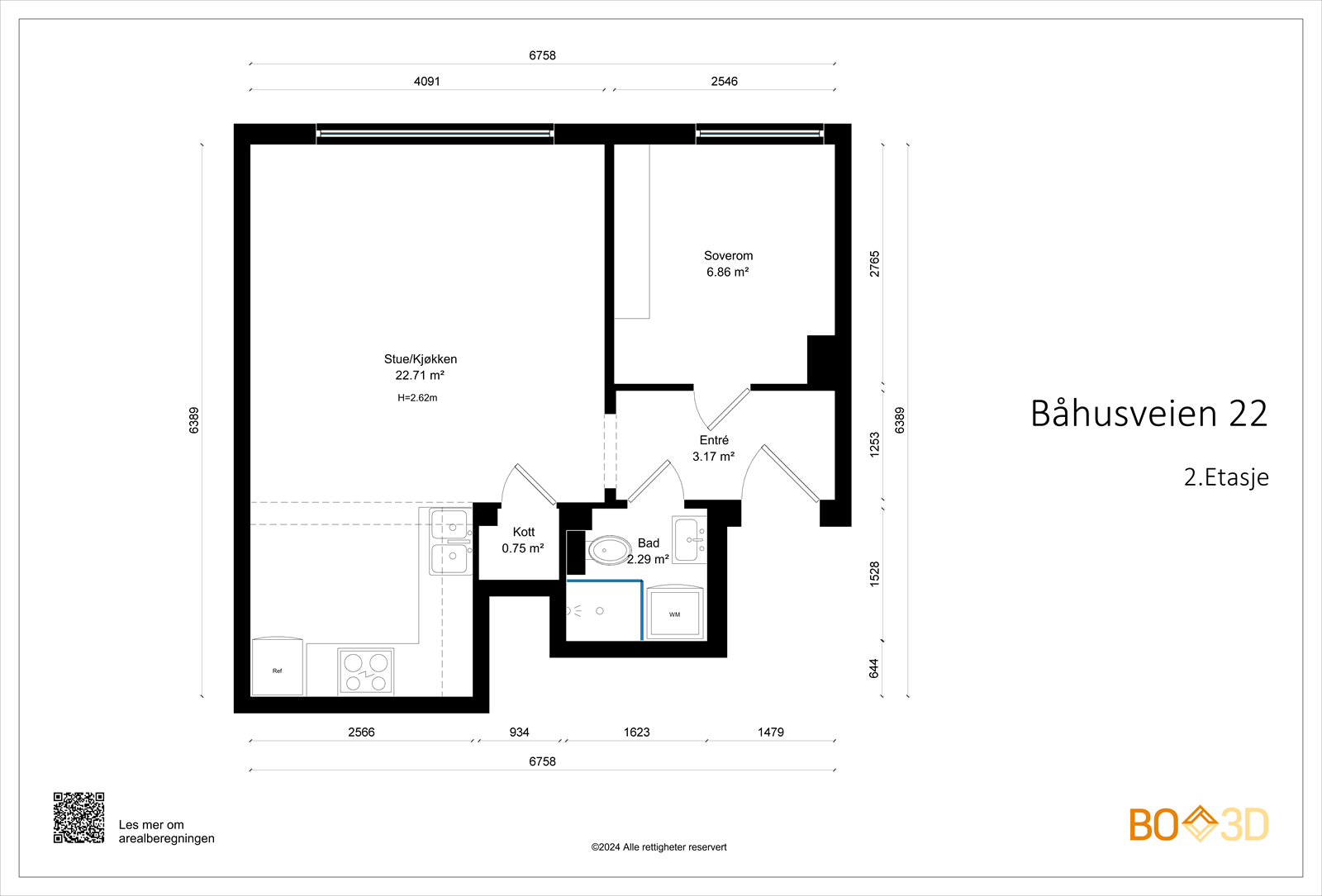 Plantegning - leilighetens areal er beregnet med 3D-laserskanner fra Leica som gir en nøyaktighet innenfor 2% som er kravet i ny avhendingslov per 1.januar 2022 Galleribilde