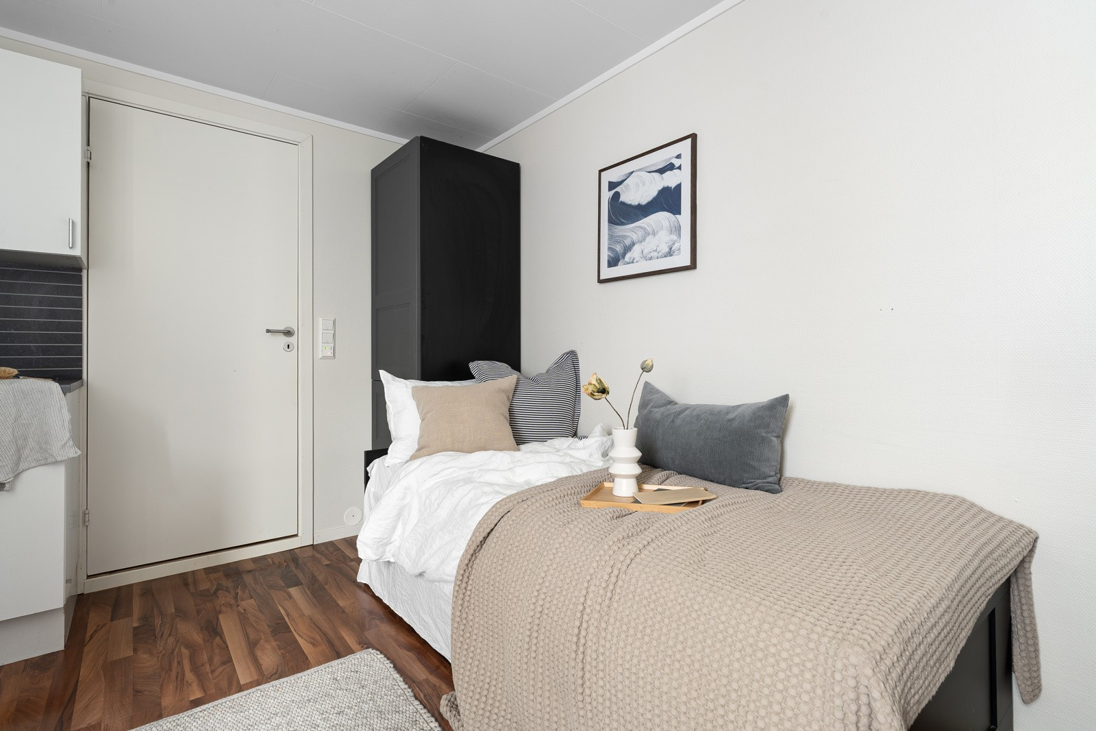 Soveplass integrert i oppholdsrommet - Stilrent og plassbesparende.